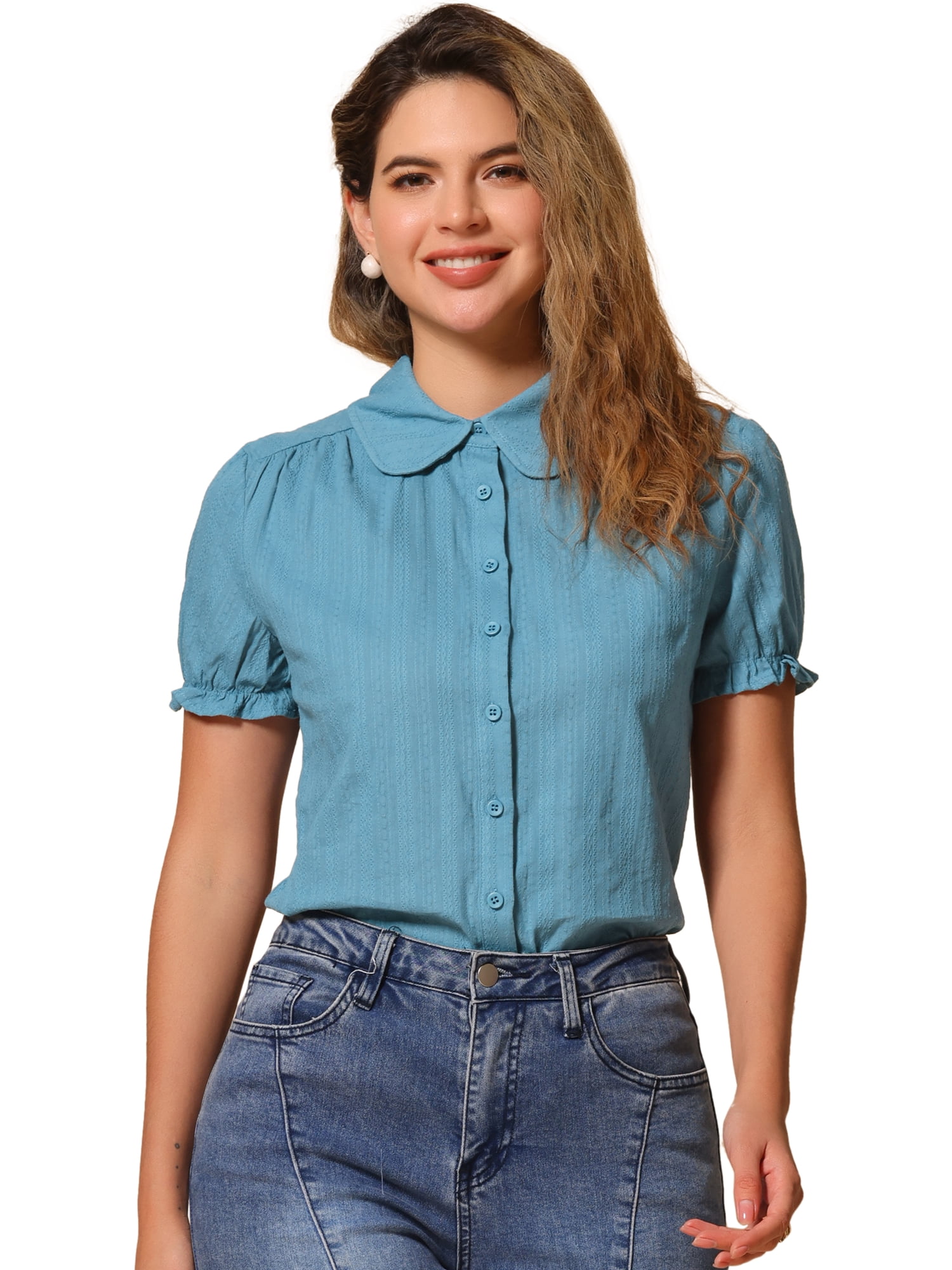 DARING DIVA Women's Cotton Frilled Top Turndown Collar Solid Blouse L Blue Gray