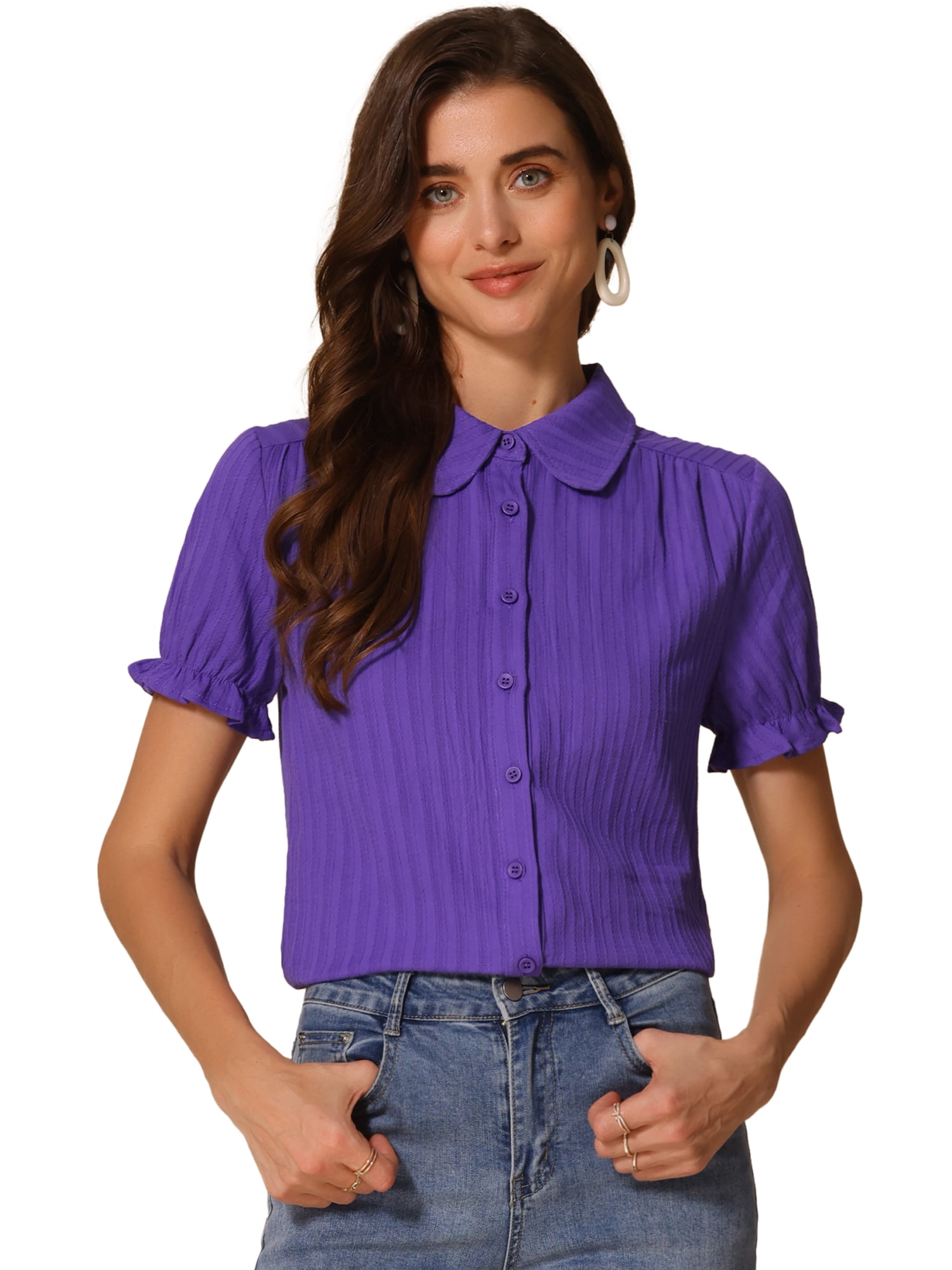 DARING DIVA Women's Cotton Frilled Top Turndown Collar Solid Blouse M Purple