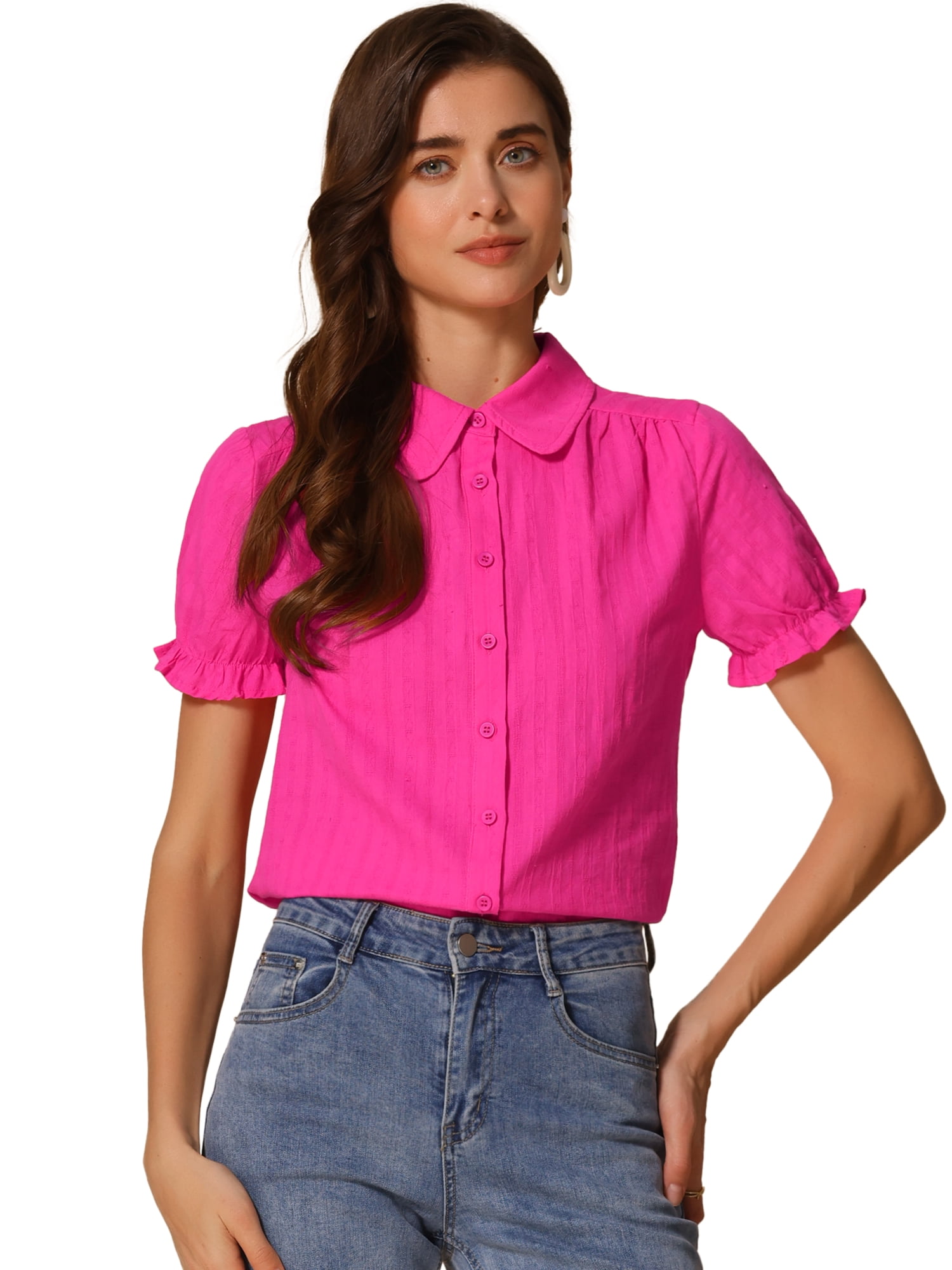 DARING DIVA Women's Cotton Frilled Top Turndown Collar Solid Blouse S Hot Pink