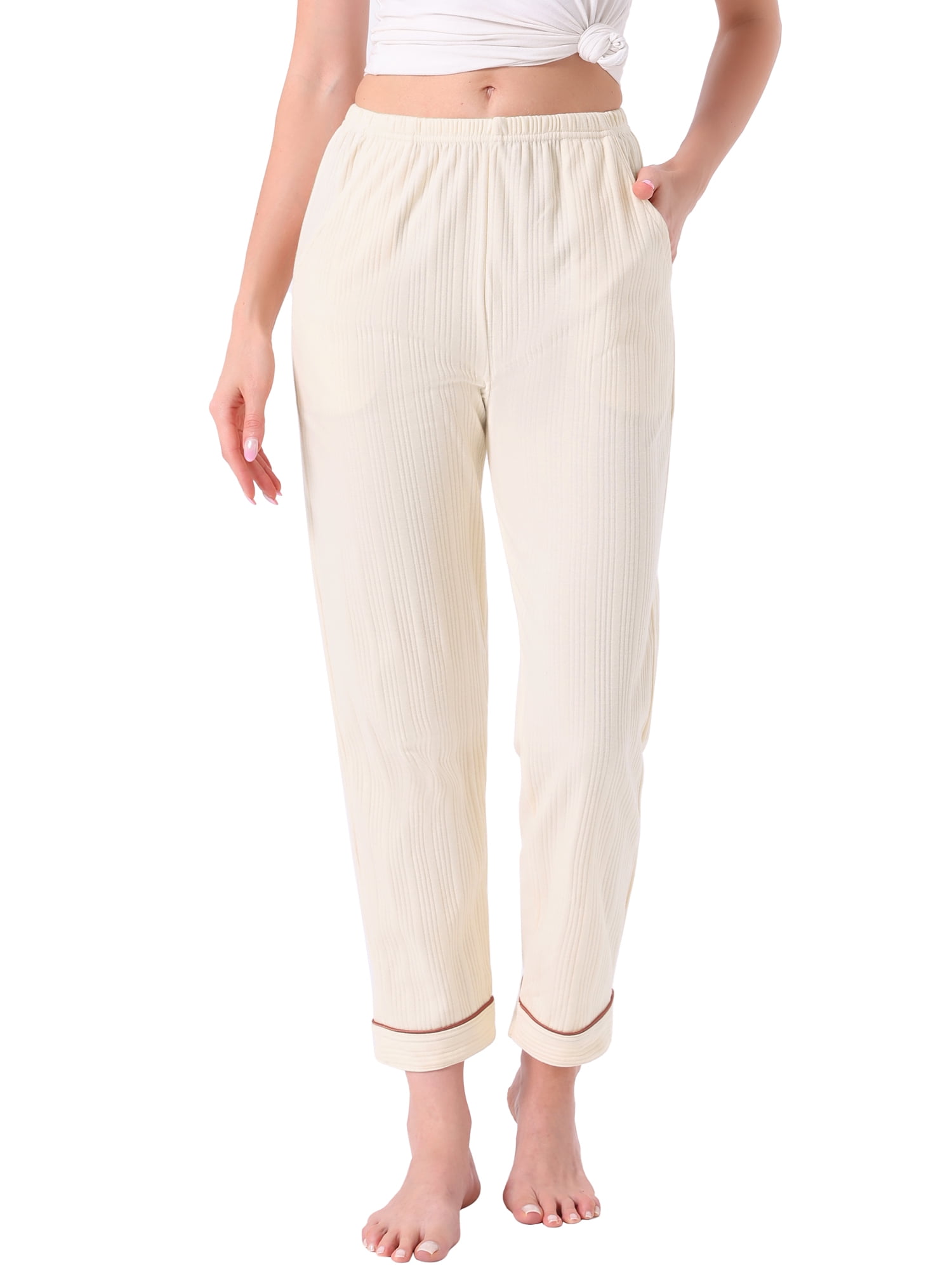 DARING DIVA Women's Cotton Knit Ribbed Elastic Waist Loungewear L White