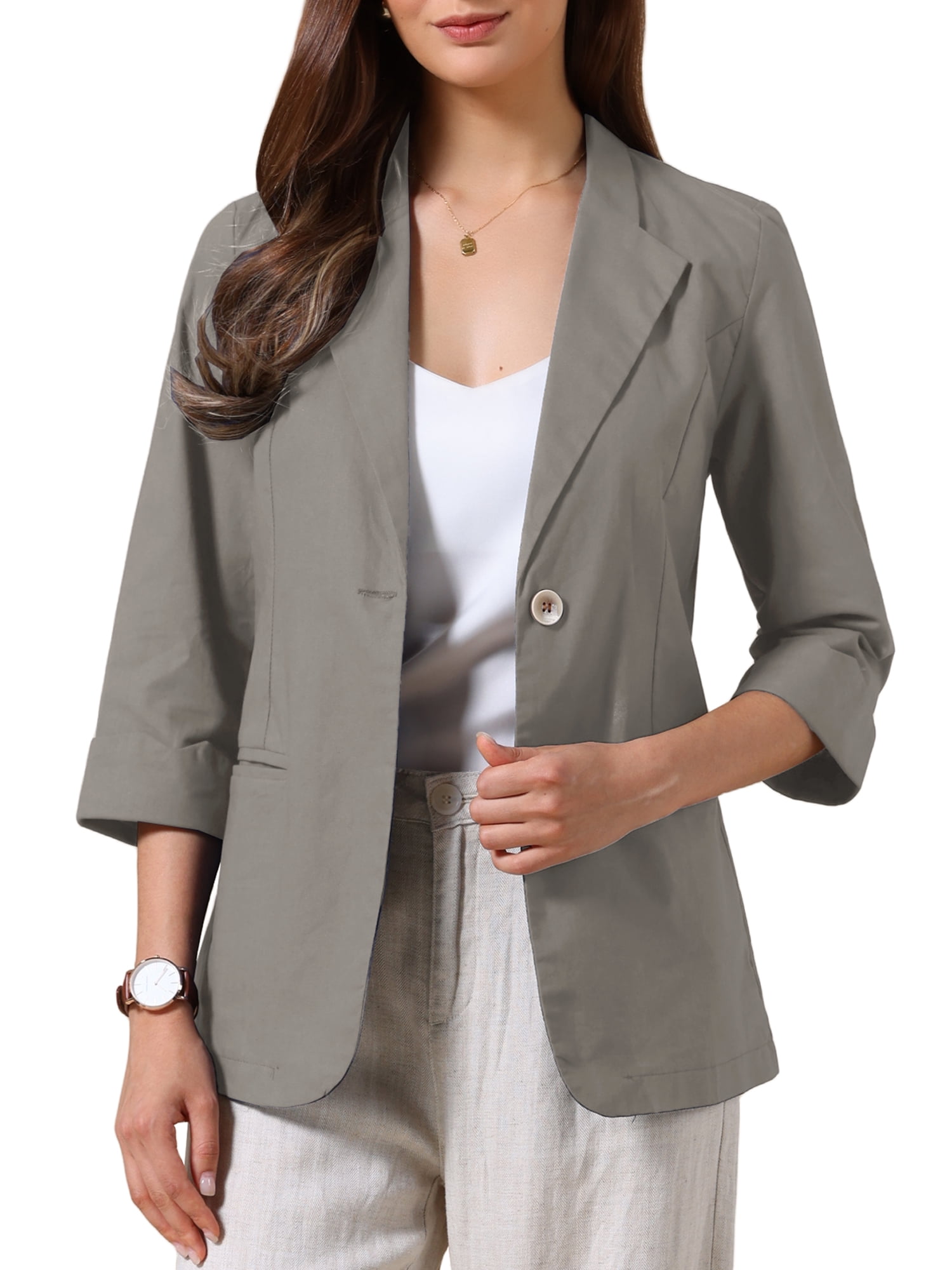 DARING DIVA Women's Cotton Linen 3/4 Sleeve Lightweight Jacket Blazer L Grey