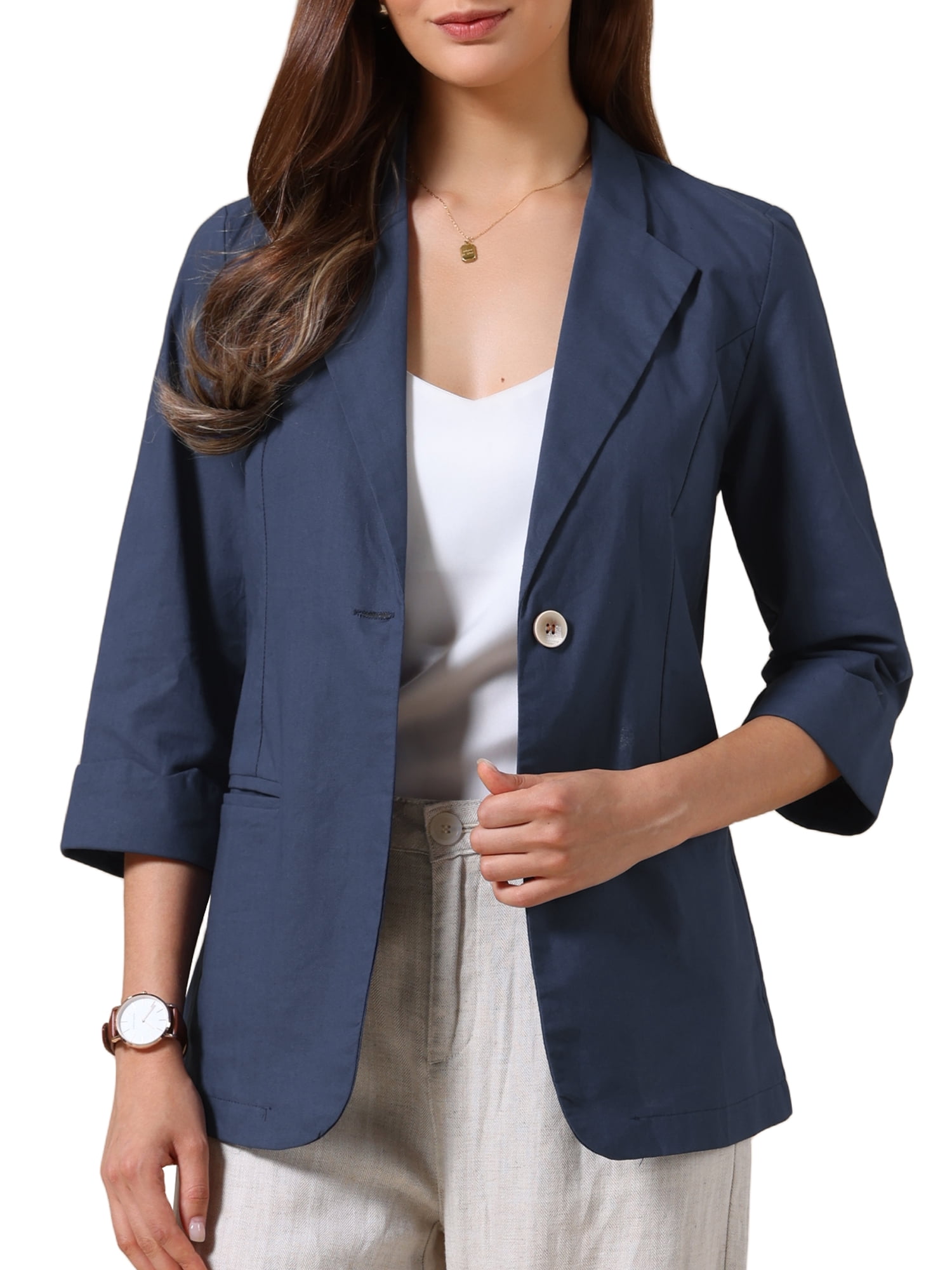 DARING DIVA Women's Cotton Linen 3/4 Sleeve Lightweight Jacket Blazer M Navy Blue