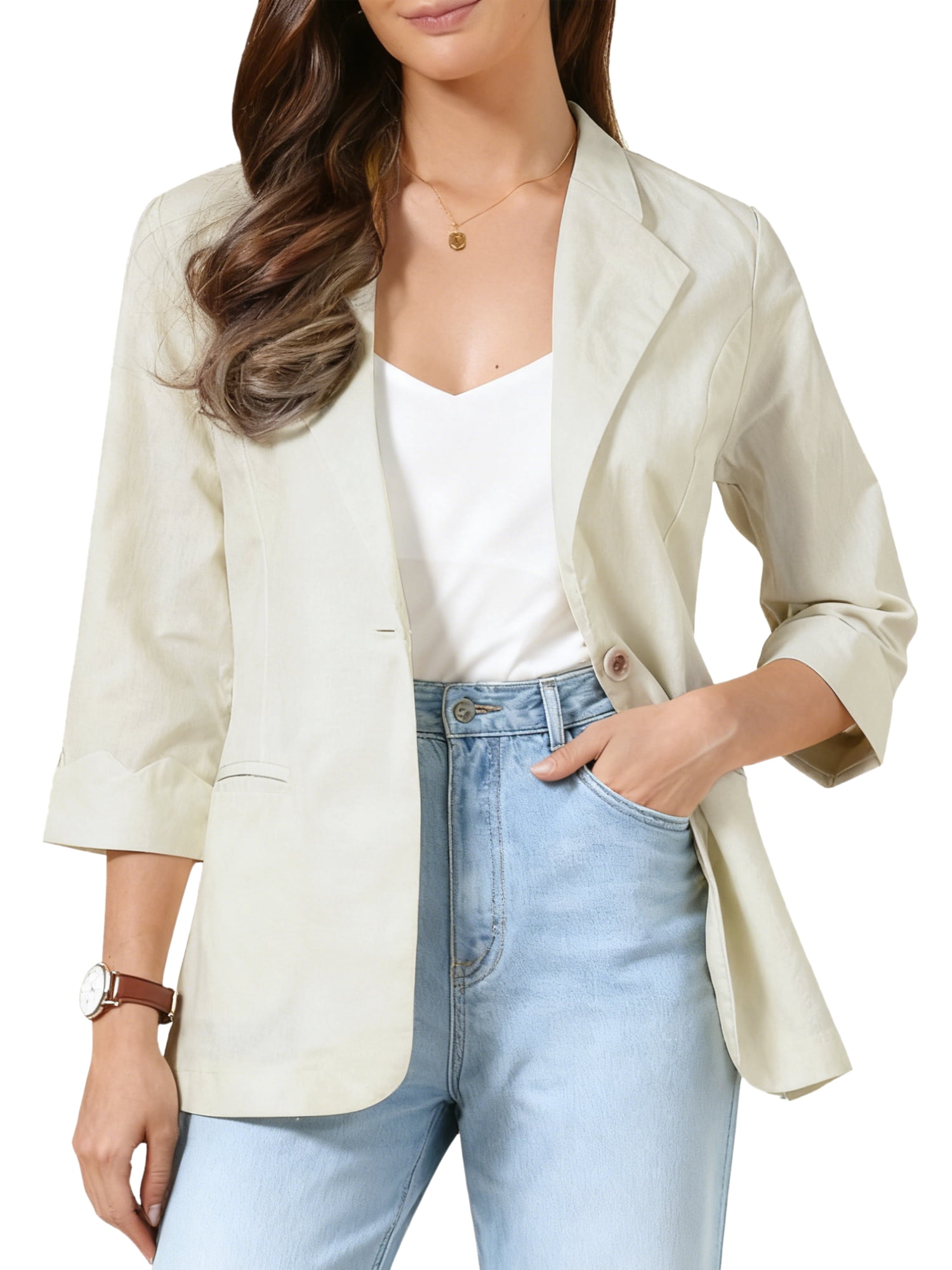 DARING DIVA Women's Cotton Linen 3/4 Sleeve Lightweight Jacket Blazer XS Beige
