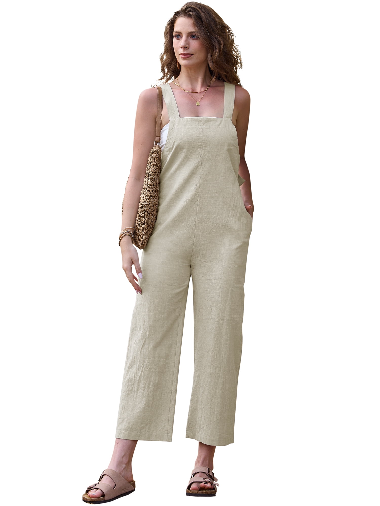 DARING DIVA Women's Cotton Linen Adjustable Tie Straps Bib Overalls Small Khaki