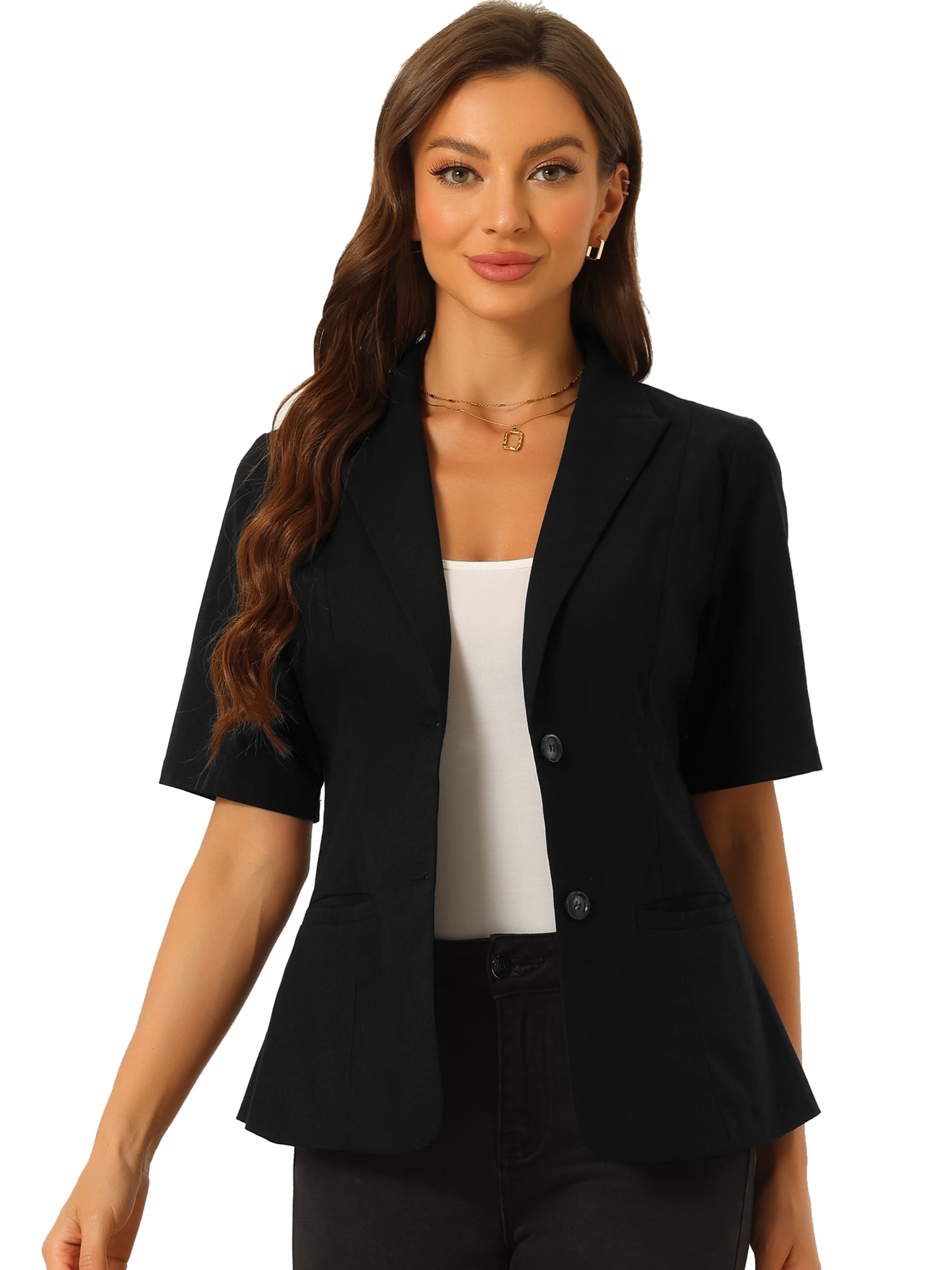 DARING DIVA Women's Cotton Linen Short Sleeve Blazer for Work Office L Black