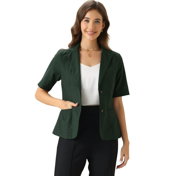 DARING DIVA Women's Cotton Linen Short Sleeve Blazer for Work Office M Dark Green