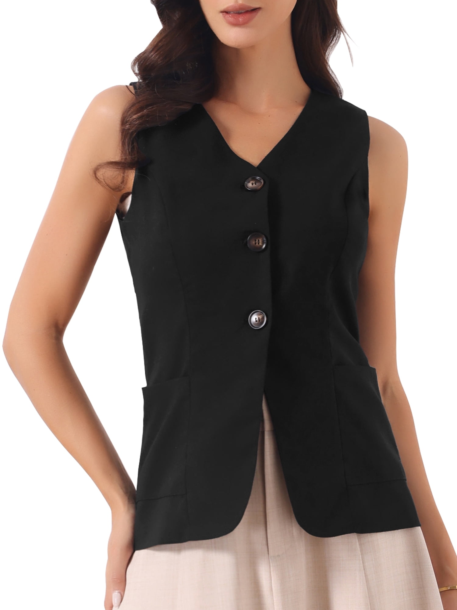 DARING DIVA Women's Cotton Linen Sleeveless Button Fitted Blazer Vest S Black
