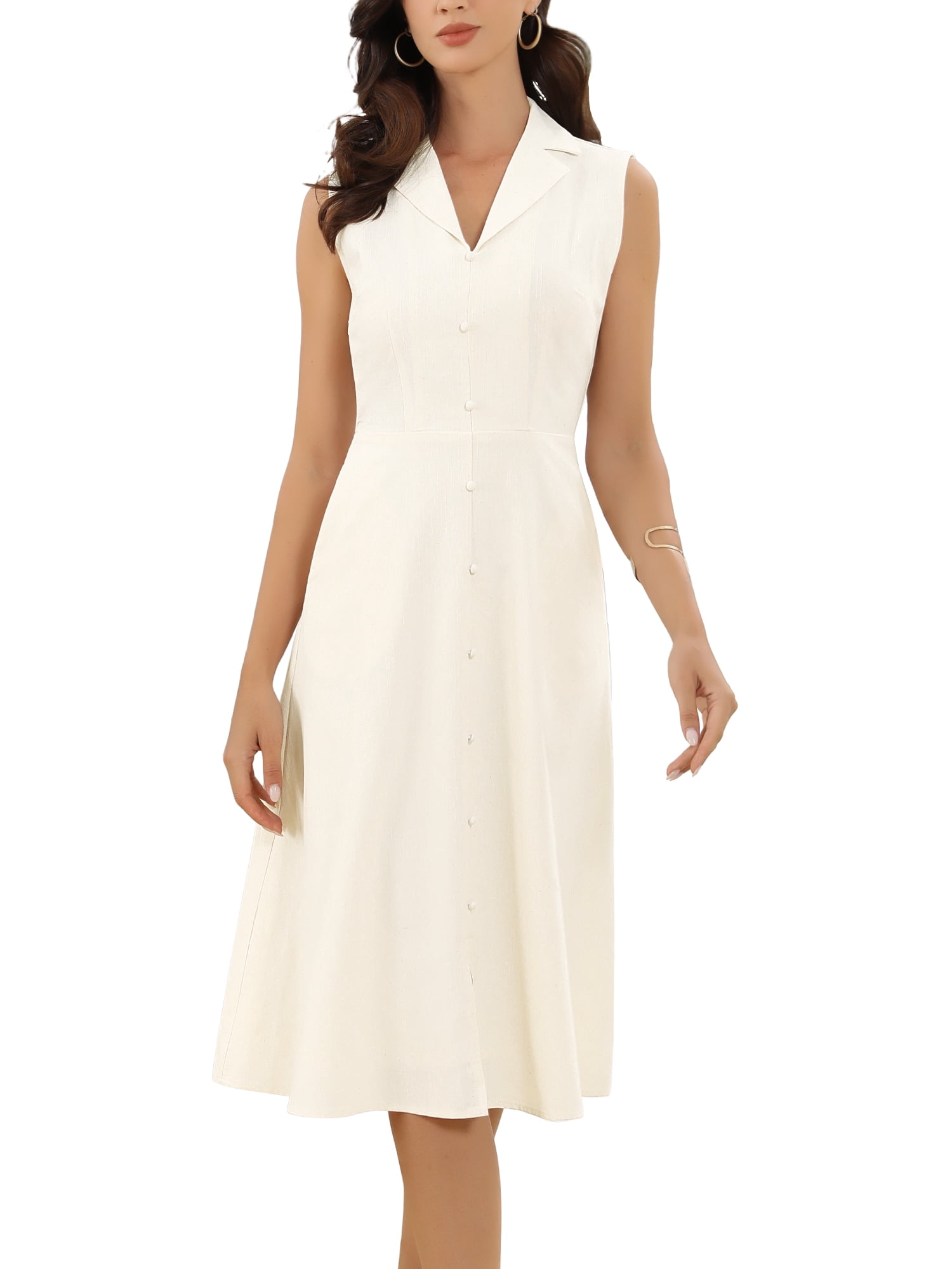 DARING DIVA Women's Cotton Linen Sleeveless Lapel Collar A Line Office Dress XL Beige
