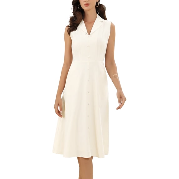 DARING DIVA Women's Cotton Linen Sleeveless Lapel Collar A Line Office Dress XL Beige