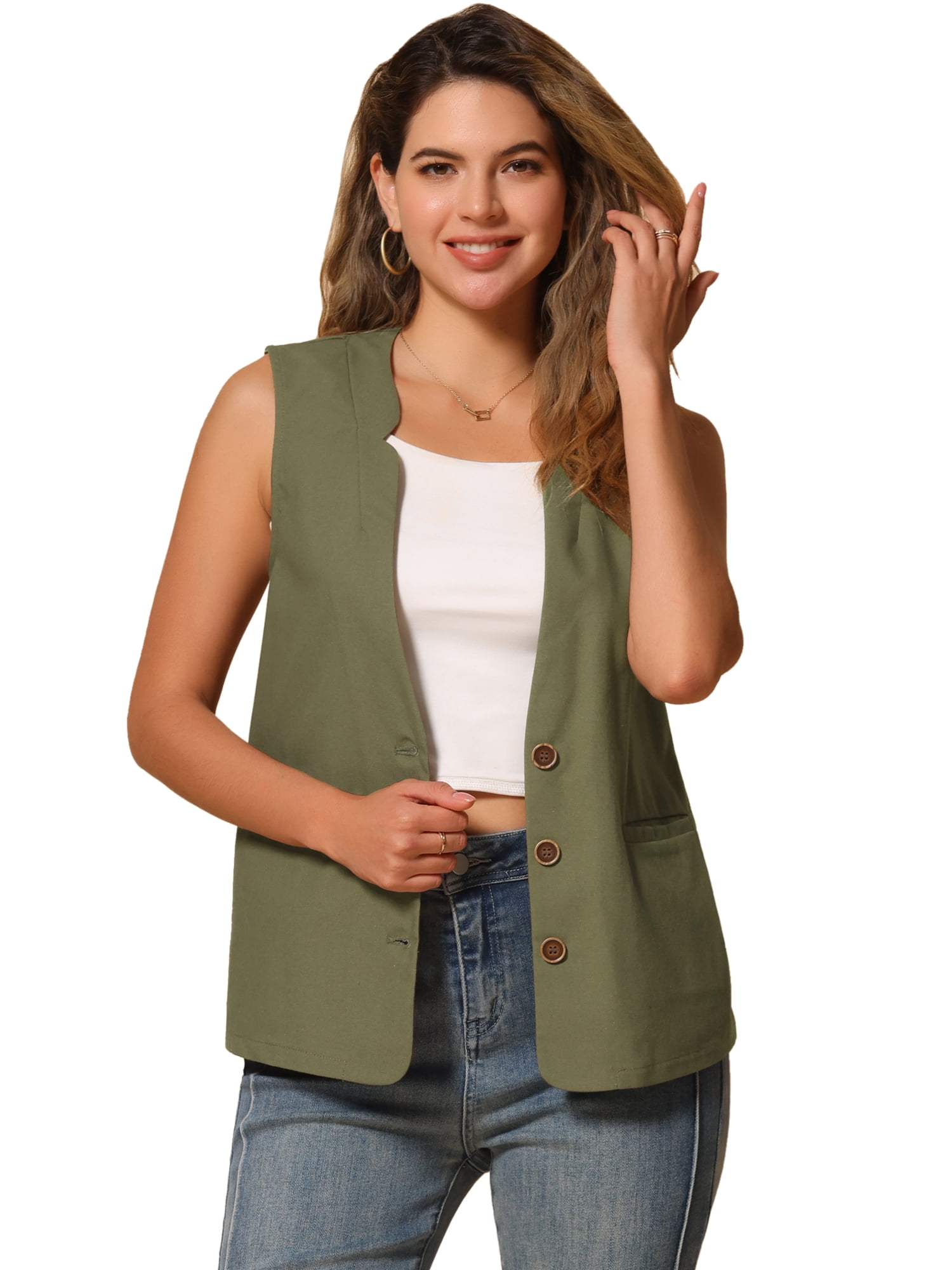 DARING DIVA Women's Cotton Linen V Neck Button Down Jacket Vest L Army Green
