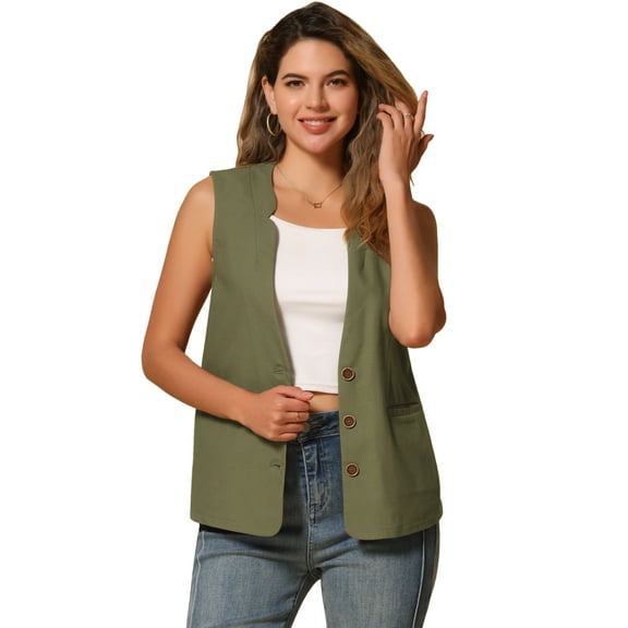 DARING DIVA Women's Cotton Linen V Neck Button Down Jacket Vest S Army Green