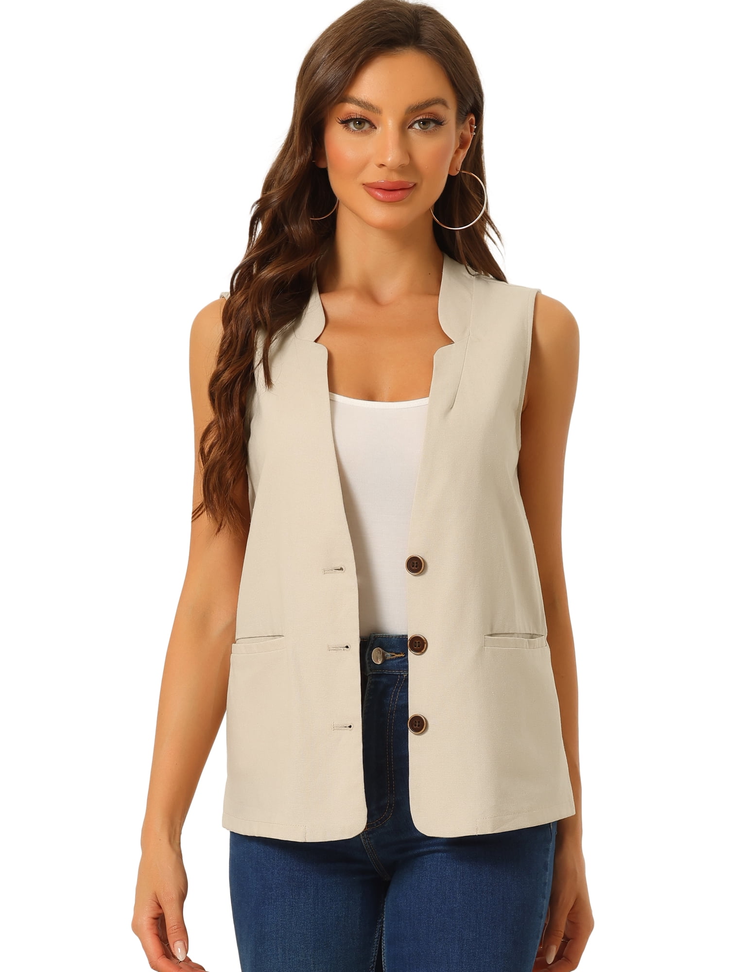 DARING DIVA Women's Cotton Linen V Neck Button Down Jacket Vest S Beige