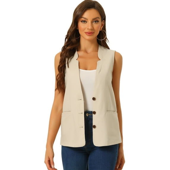 DARING DIVA Women's Cotton Linen V Neck Button Down Jacket Vest S Beige