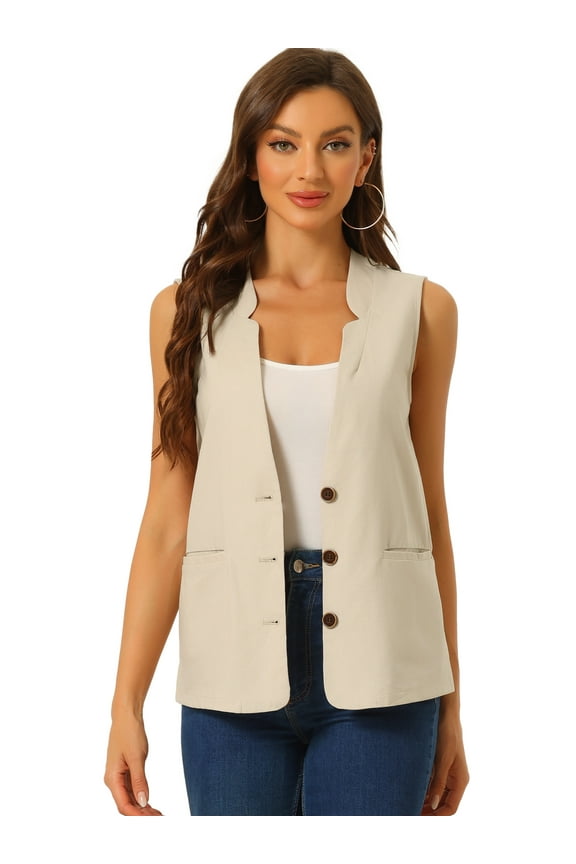 Women's Cotton Linen V Neck Button Down Jacket Vest S Beige