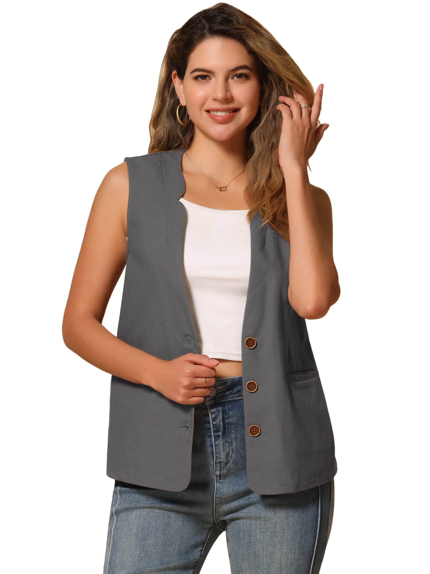 DARING DIVA Women's Cotton Linen V Neck Button Down Jacket Vest S Dark Gray