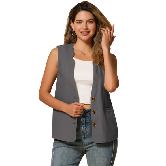 DARING DIVA Women's Cotton Linen V Neck Button Down Jacket Vest S Dark Gray