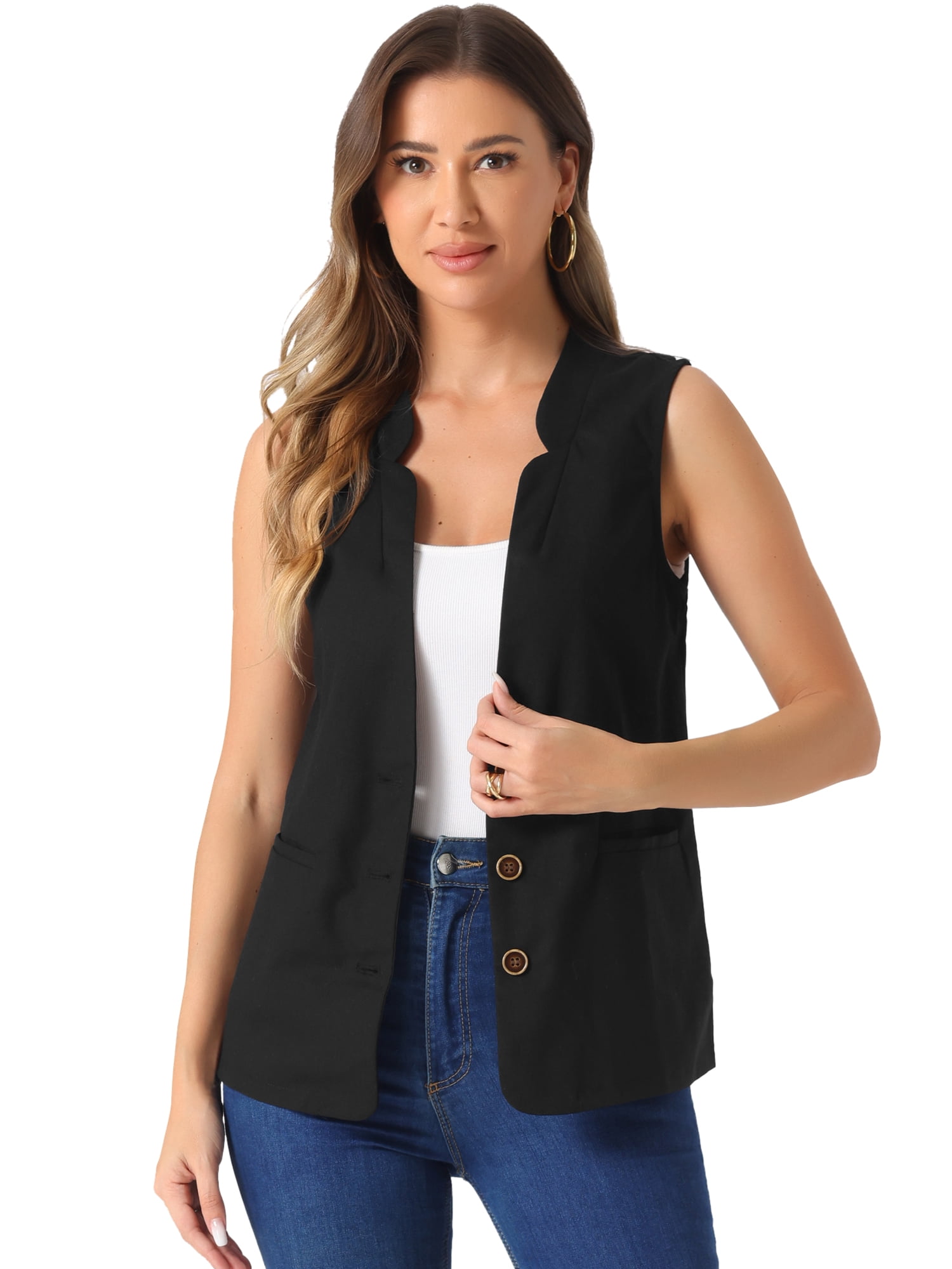 DARING DIVA Women's Cotton Linen V Neck Button Down Jacket Vest XS Black