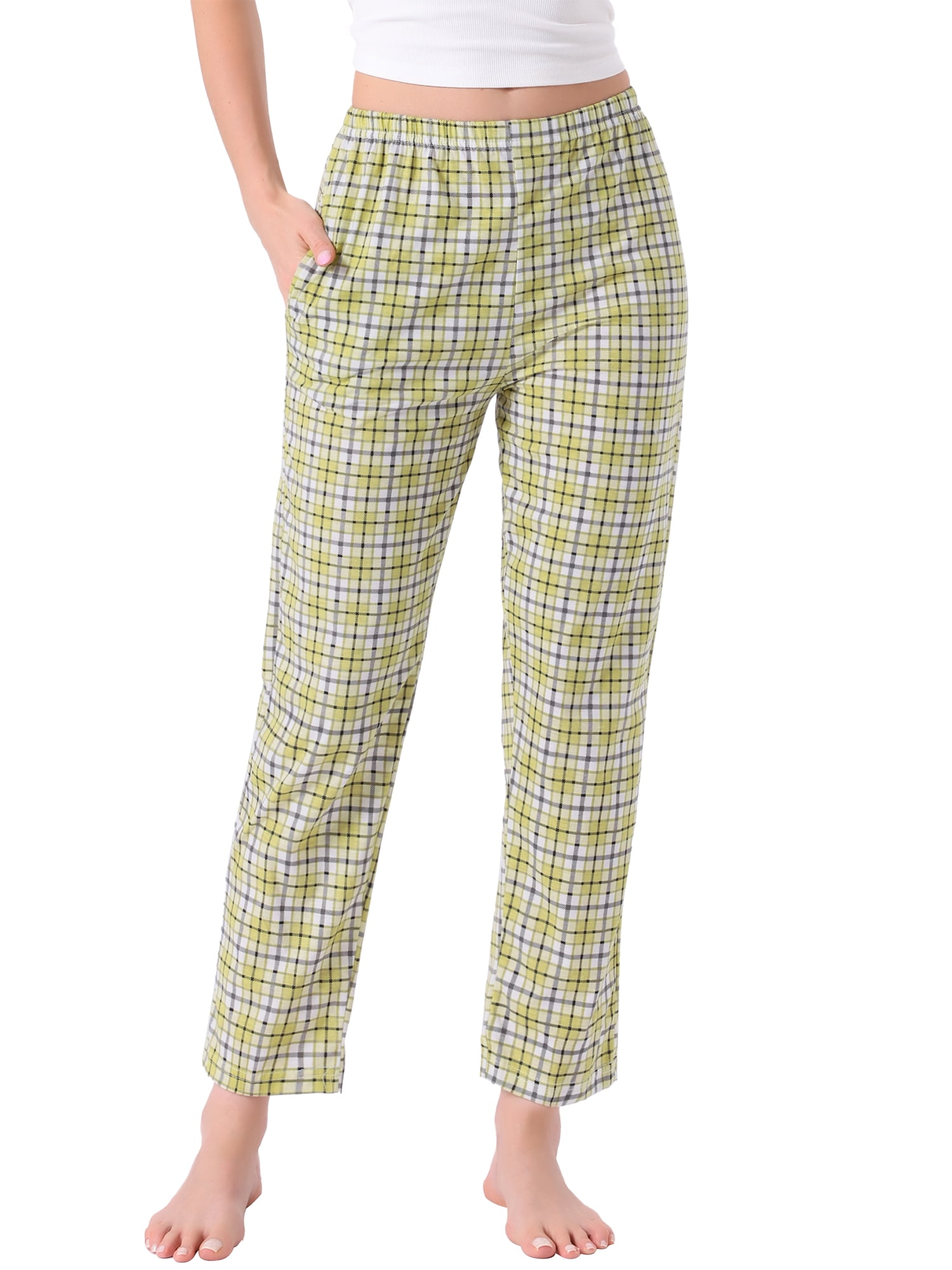 DARING DIVA Women's Cotton Plaid Elastic Waist with Pocket Lounge Pants 2XL Yellow Plaid