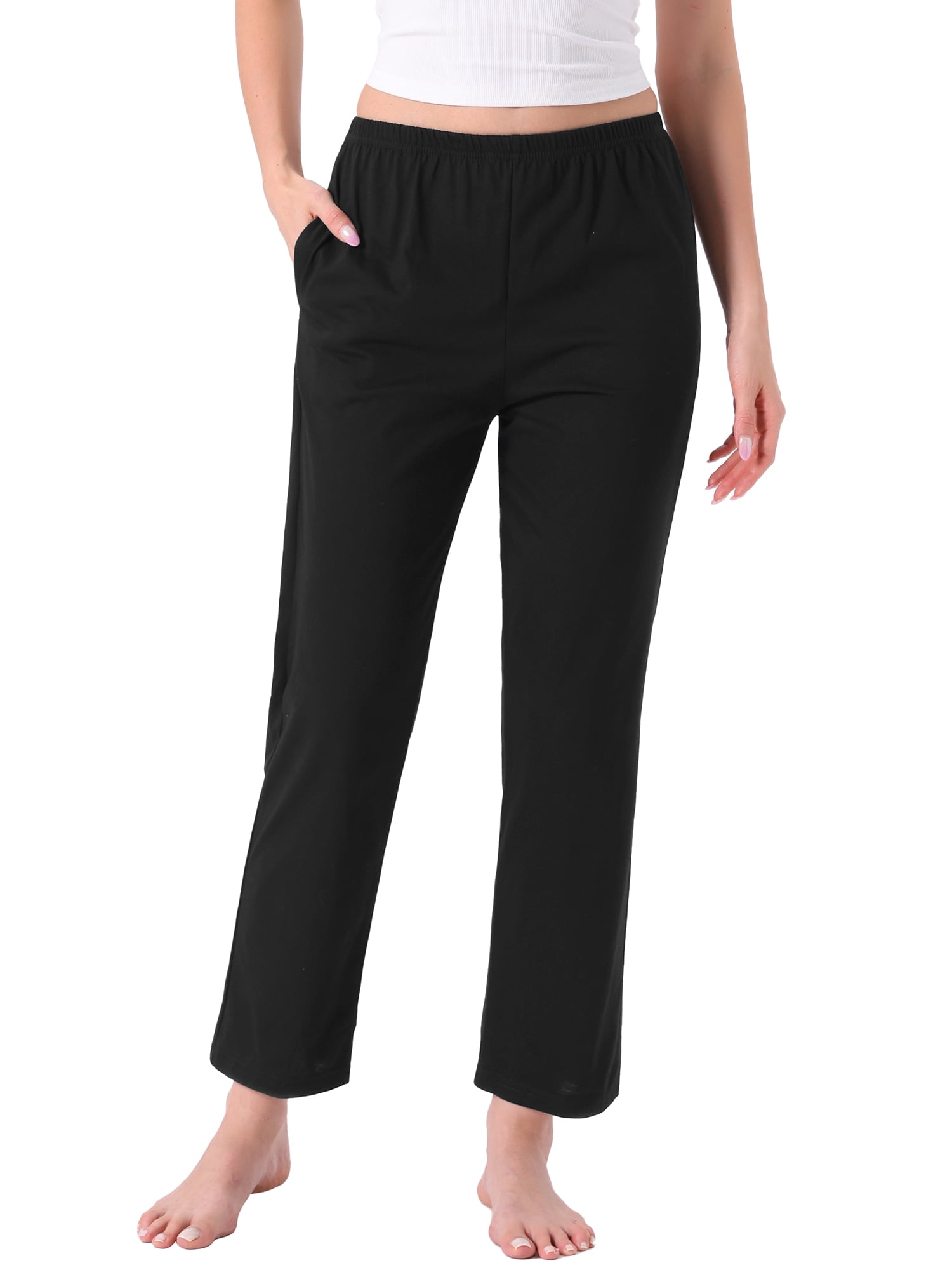 DARING DIVA Women's Cotton Plaid Elastic Waist with Pocket Lounge Pants L Black