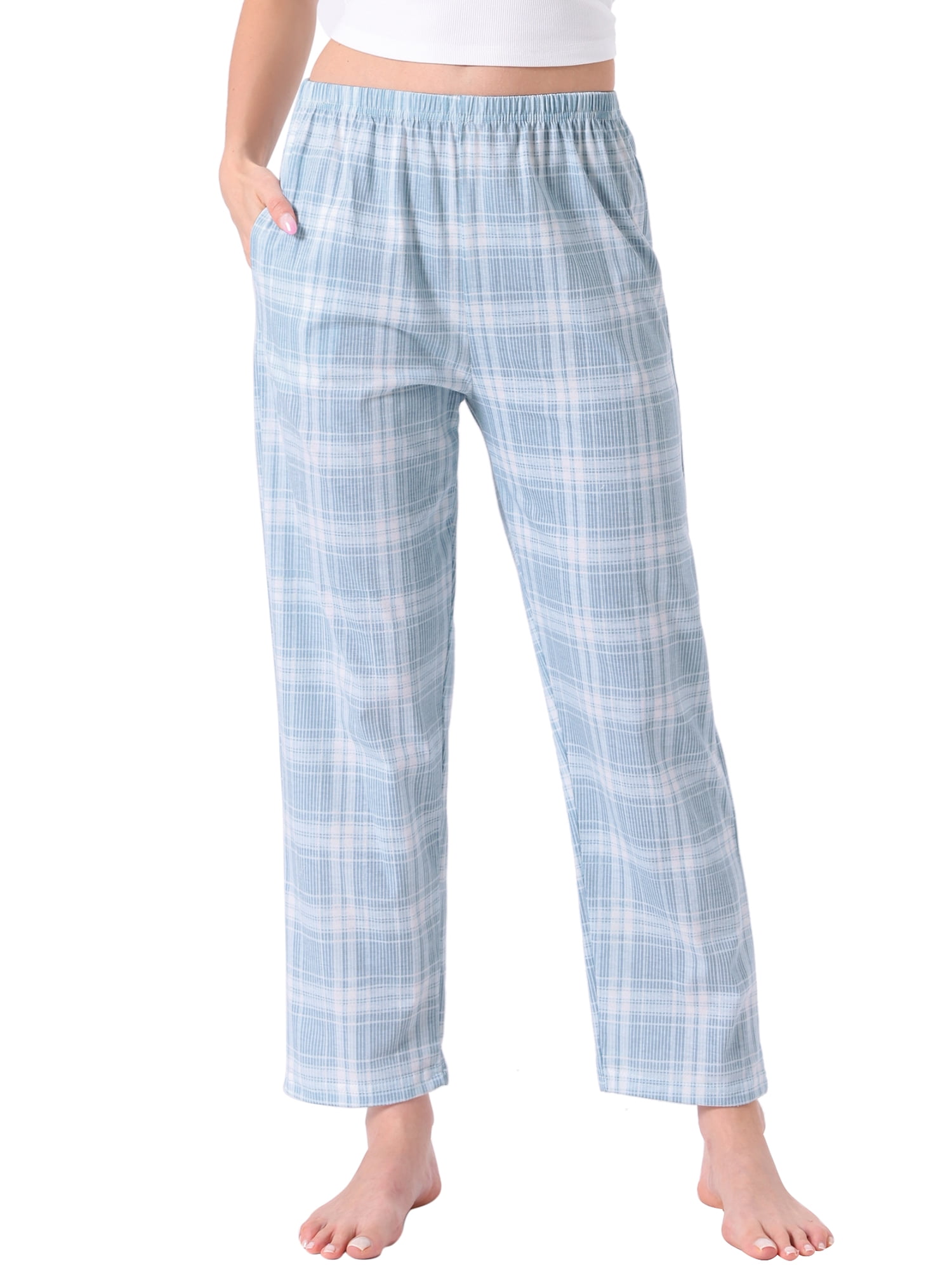 DARING DIVA Women's Cotton Plaid Elastic Waist with Pocket Lounge Pants XL Blue Plaid