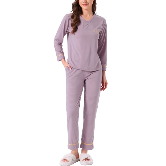 DARING DIVA Women's Cotton Ribbed Pullover V-neck Tops with Bottoms Pajama Sets 2XL Purple