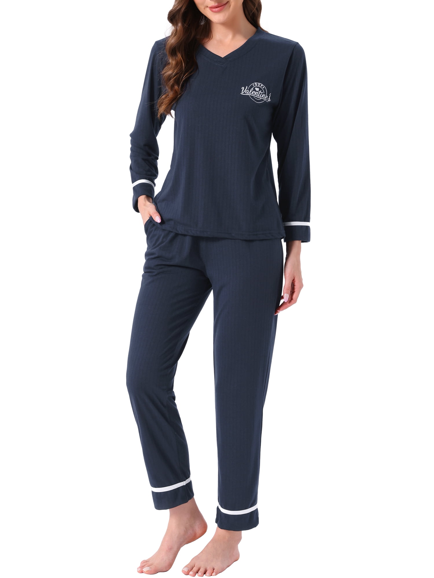 DARING DIVA Women's Cotton Ribbed Pullover V-neck Tops with Bottoms Pajama Sets L Black