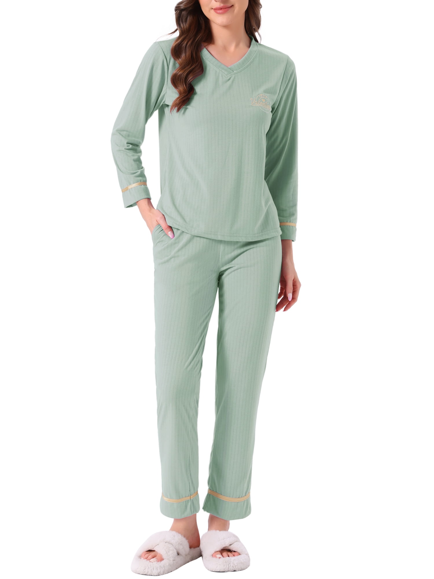 DARING DIVA Women's Cotton Ribbed Pullover V-neck Tops with Bottoms Pajama Sets M Green