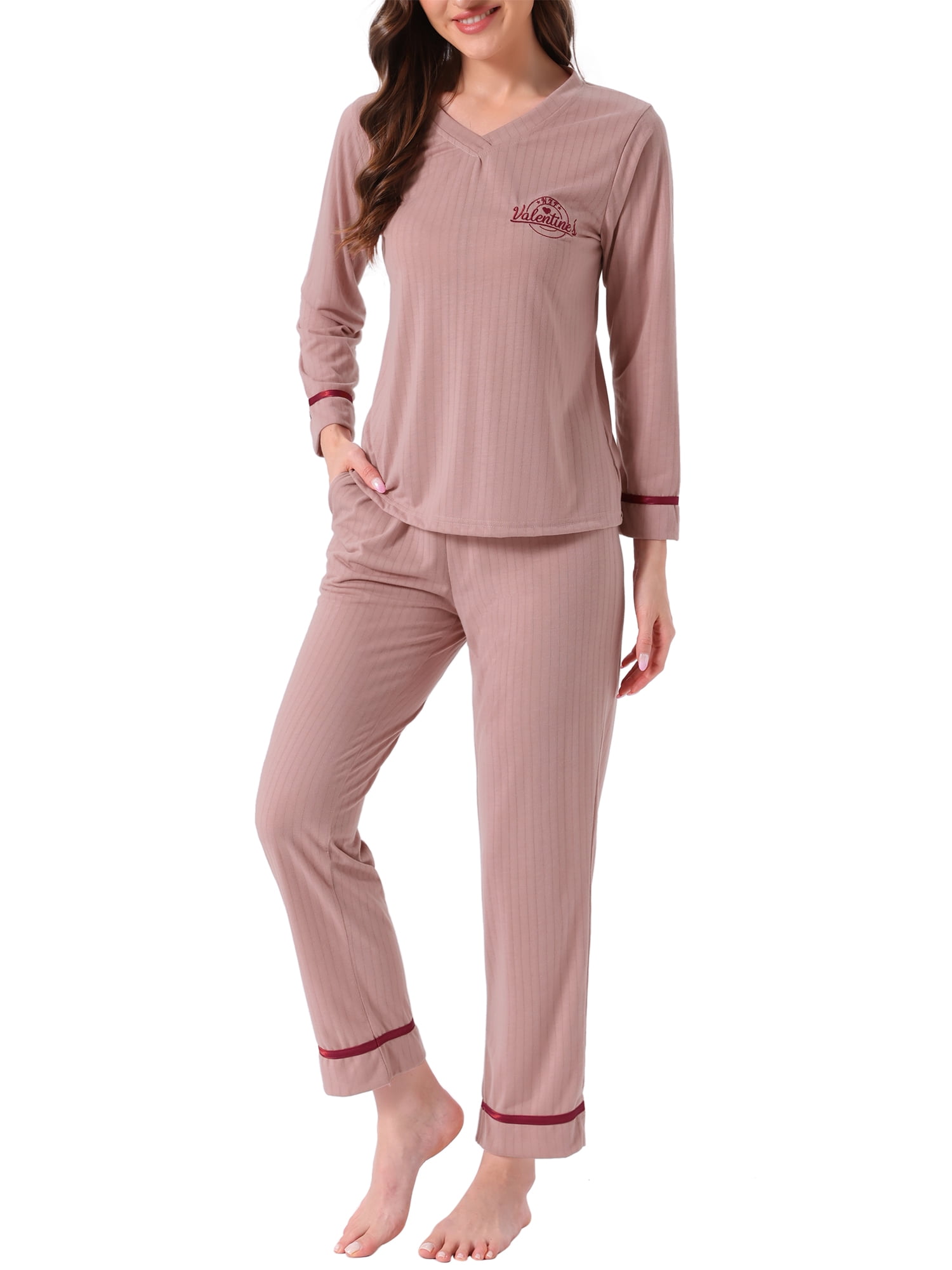 DARING DIVA Women's Cotton Ribbed Pullover V-neck Tops with Bottoms Pajama Sets S Pink