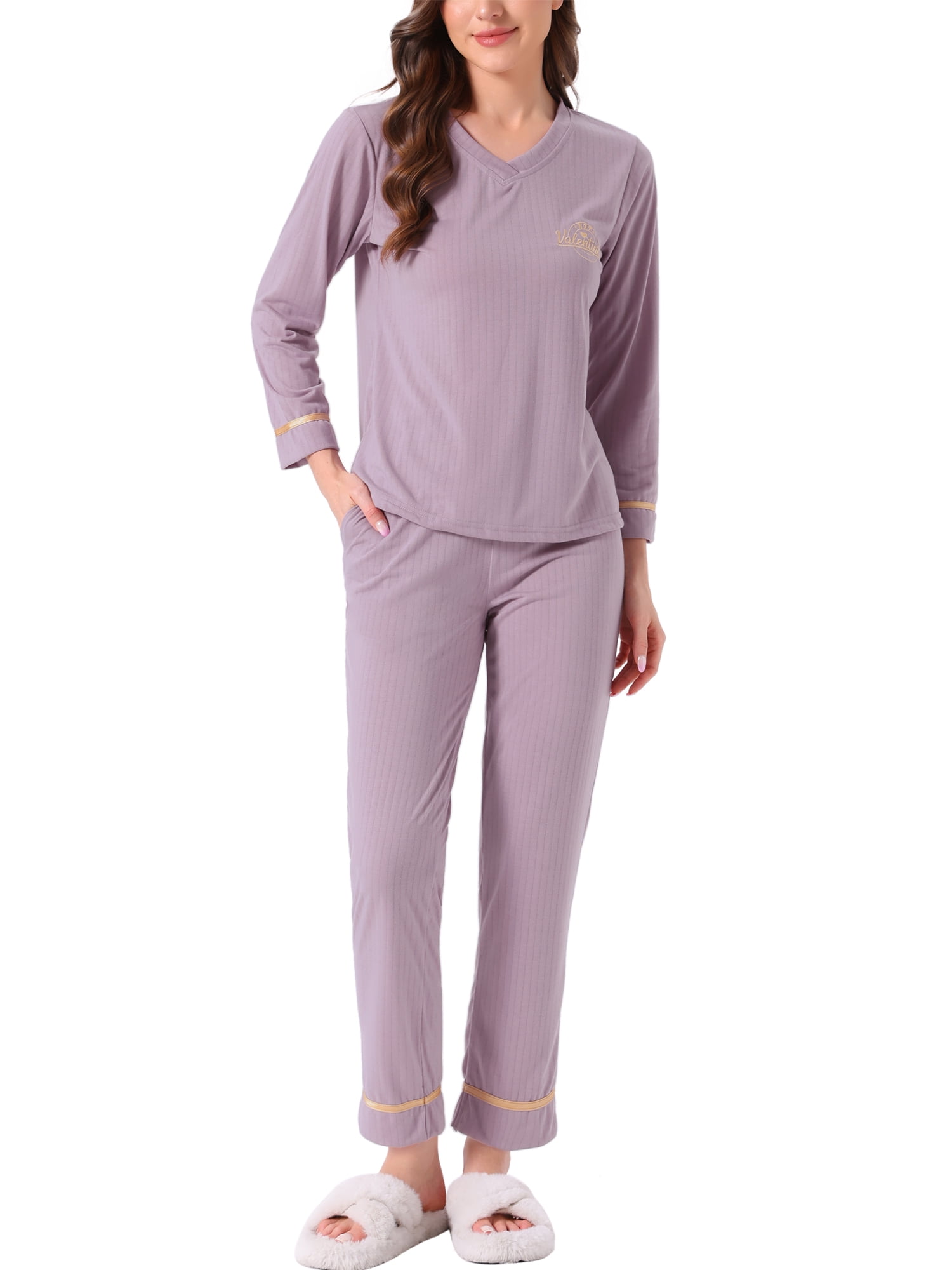 DARING DIVA Women's Cotton Ribbed Pullover V-neck Tops with Bottoms Pajama Sets XS Purple