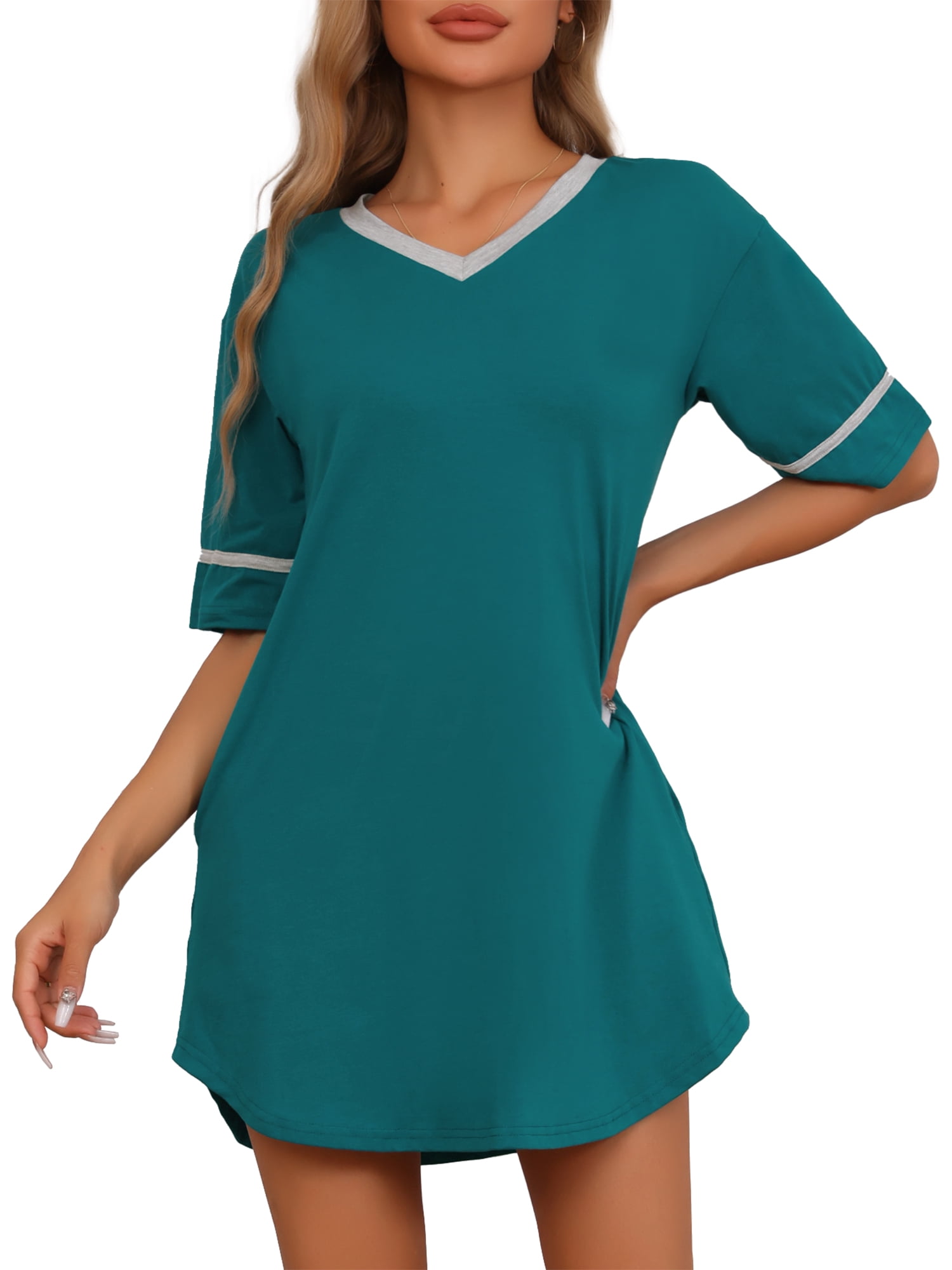 DARING DIVA Women's Cotton Soft Comfy V Neck Short Sleeve Night Dress S Dark Green