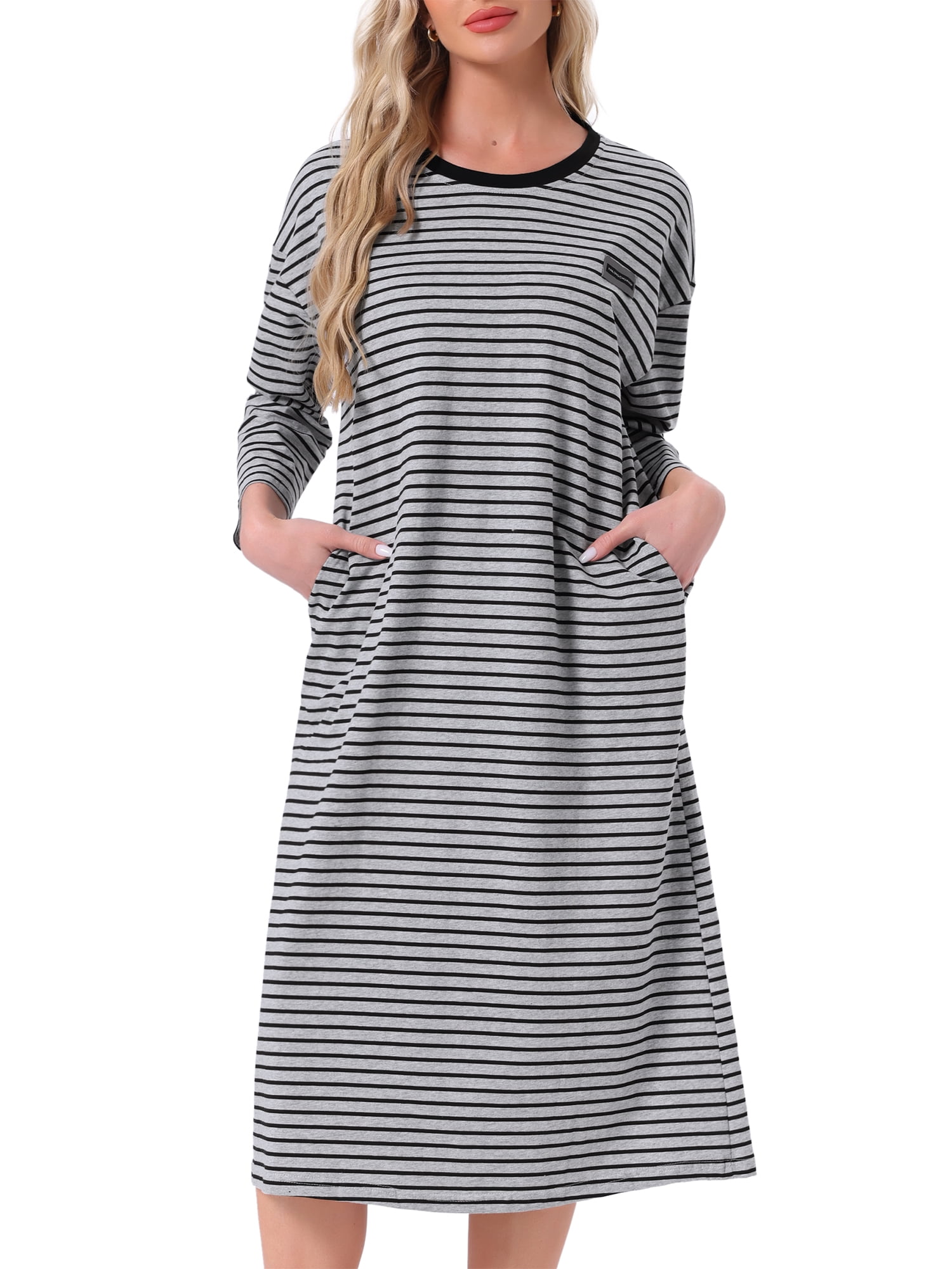 DARING DIVA Women's Cotton Stripe Long Sleeve Nightgown with Built in Bra L Gray