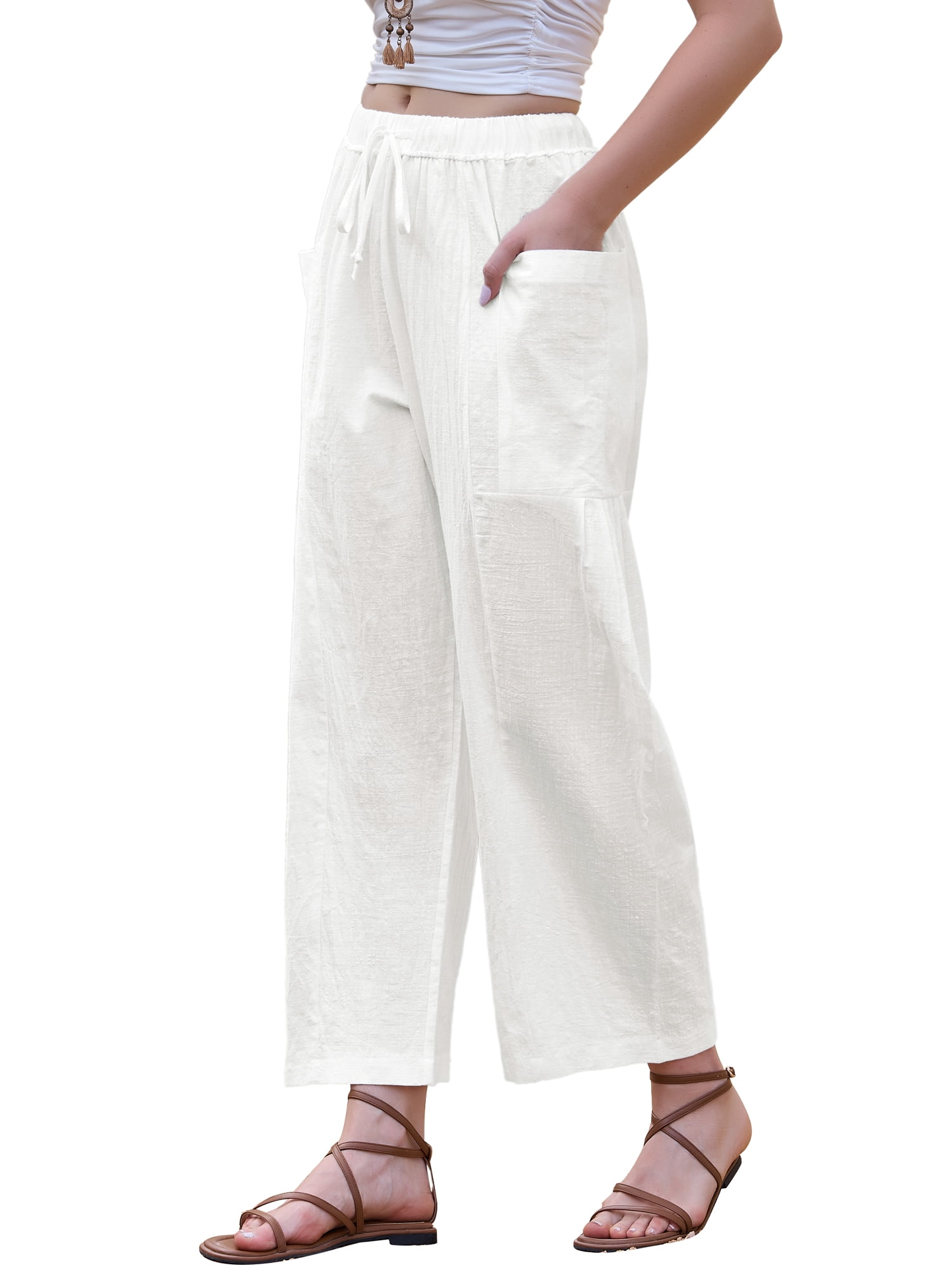 DARING DIVA Women's Cotton Wide Leg Trousers Large White