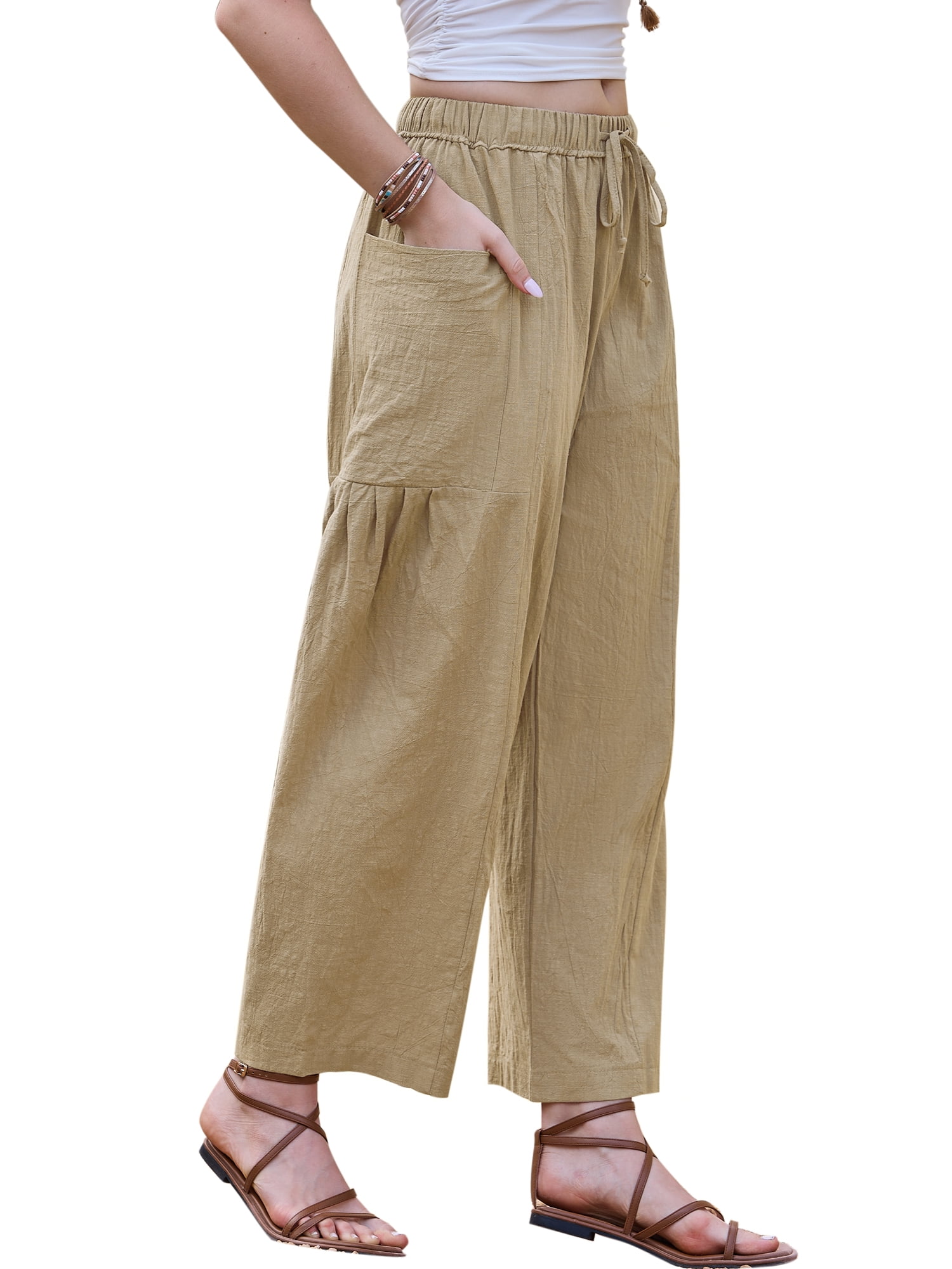 DARING DIVA Women's Cotton Wide Leg Trousers Small Khkai