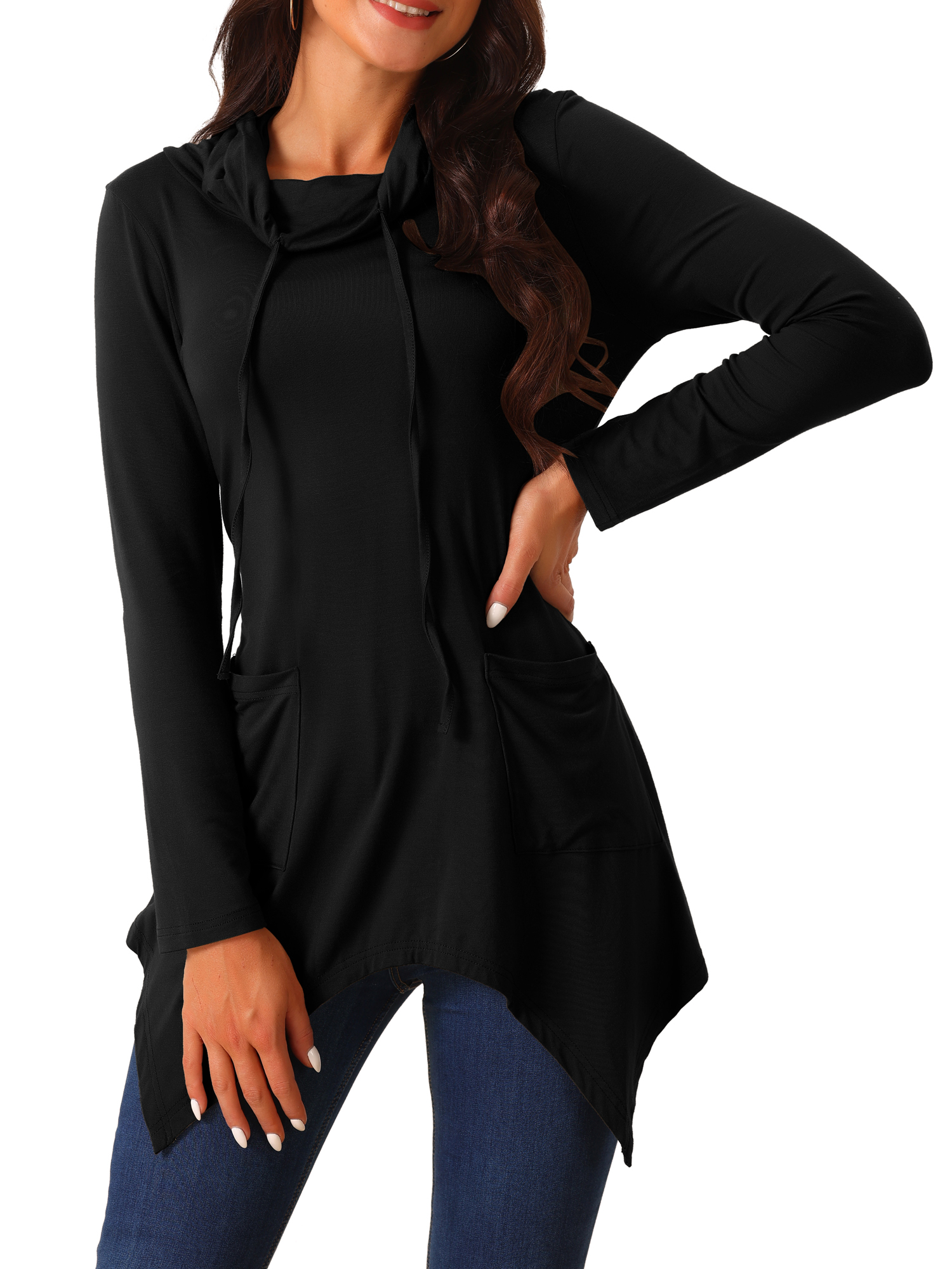 DARING DIVA Women's Cowl Neck Asymmetrical Hem Tunic Tops with Pockets Black S