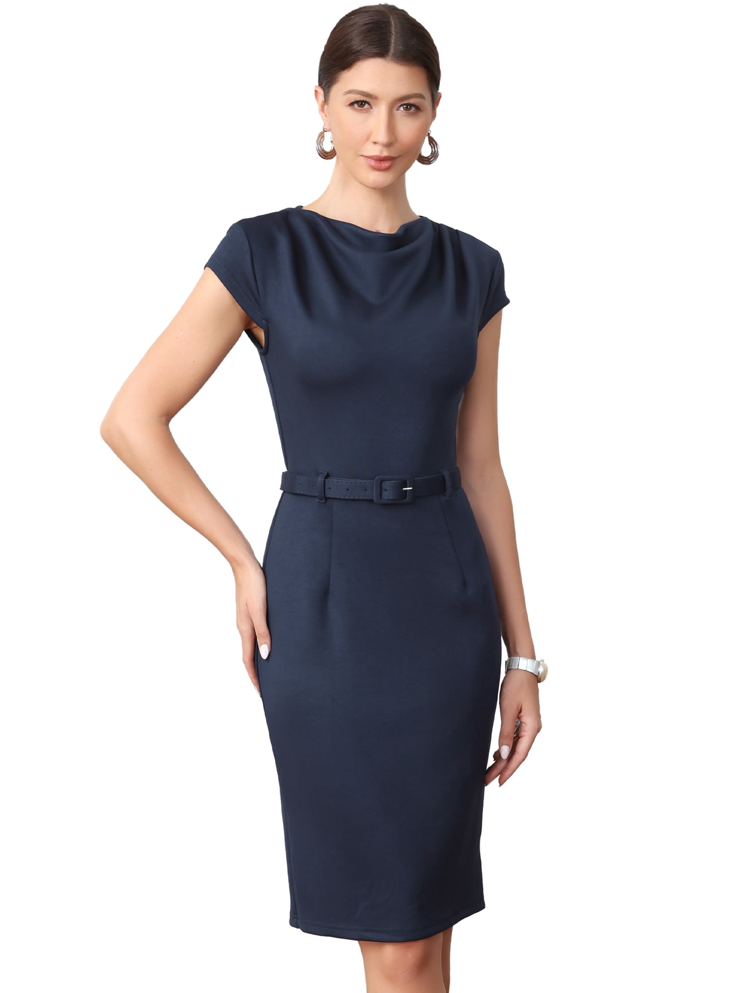 DARING DIVA Women's Cowl Neck Cap Sleeve Belted Stretch Pencil Dresses L Blue