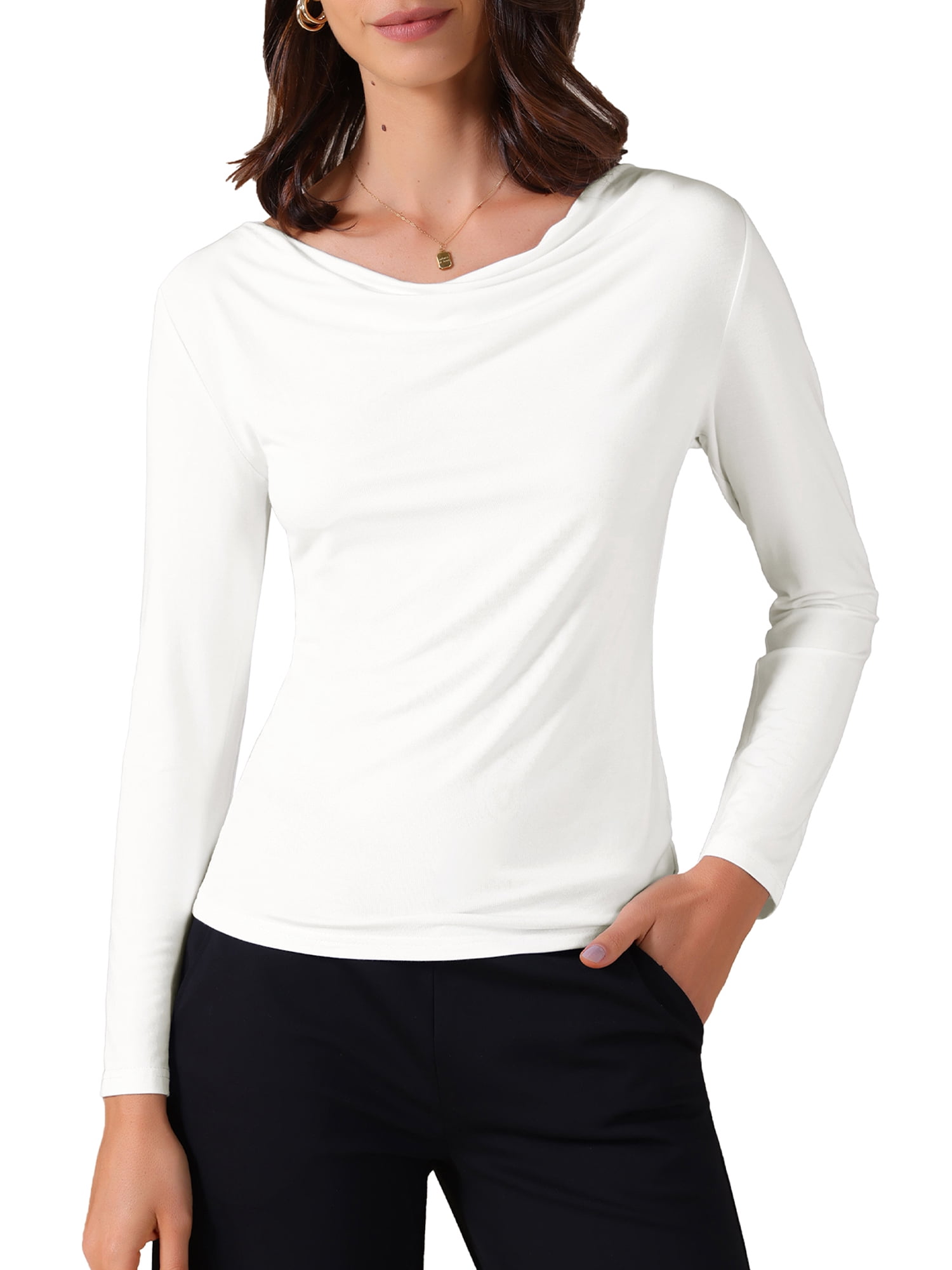 DARING DIVA Women's Cowl Neck Long Sleeves Fitted Layering Soft T-Shirt L White
