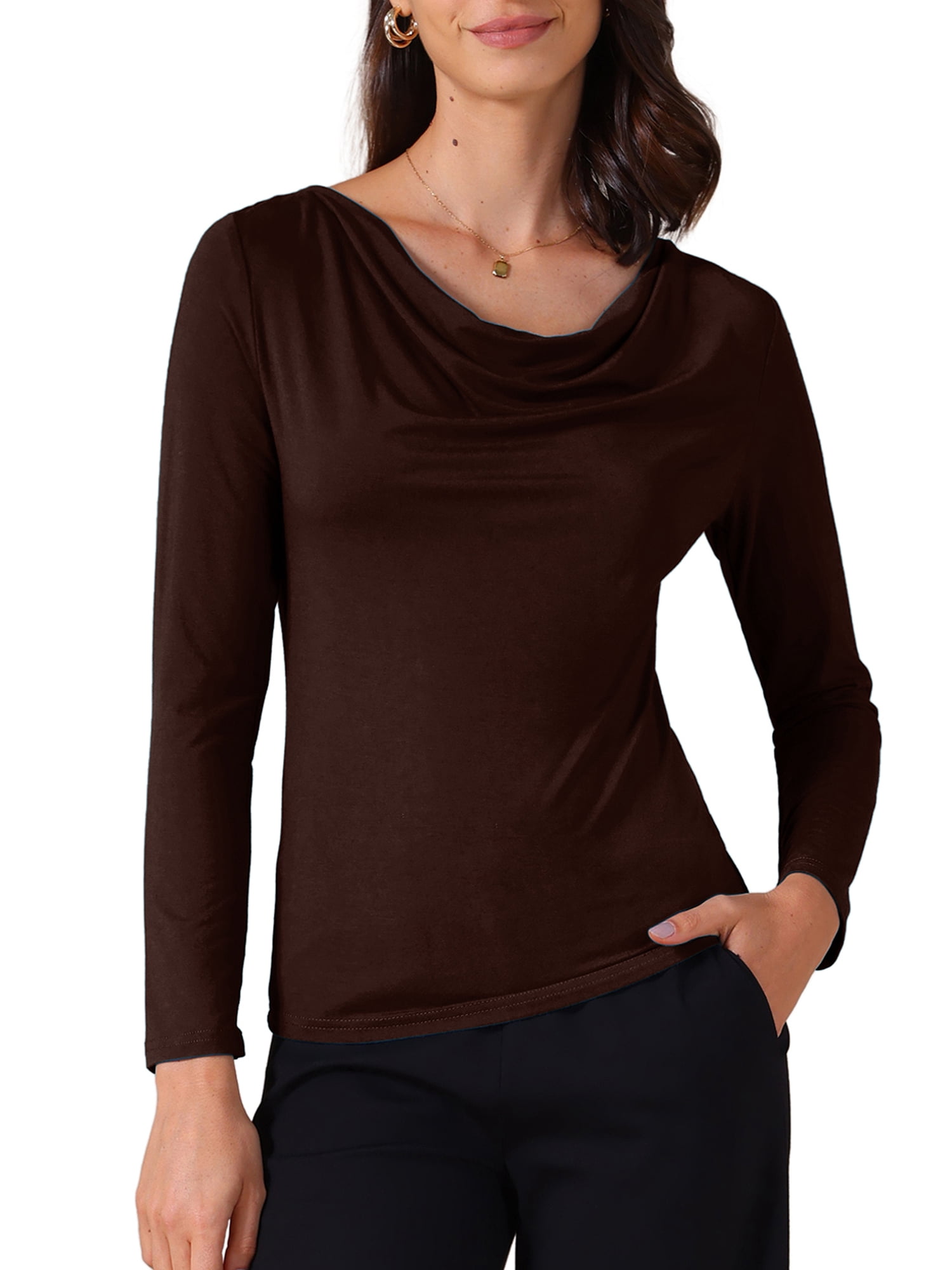 DARING DIVA Women's Cowl Neck Long Sleeves Fitted Layering Soft T-Shirt M Coffee Brown