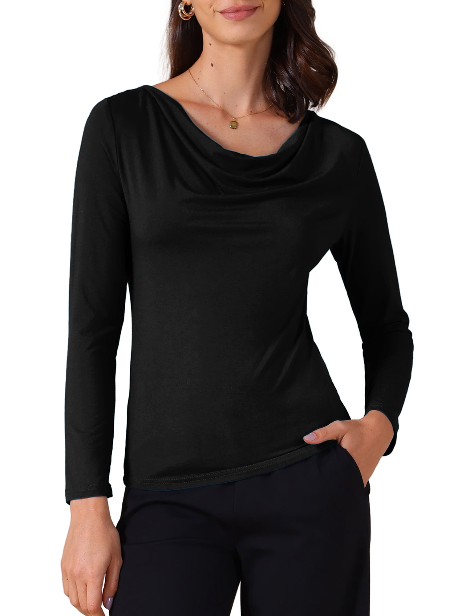 DARING DIVA Women's Cowl Neck Long Sleeves Fitted Layering Soft T-Shirt S Black