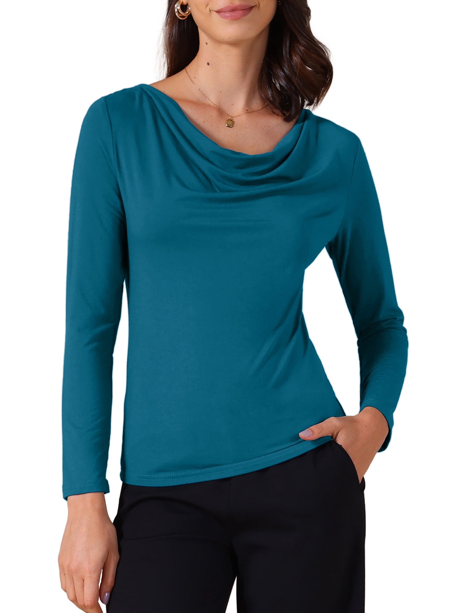 DARING DIVA Women's Cowl Neck Long Sleeves Fitted Layering Soft T-Shirt XL Peacock Blue