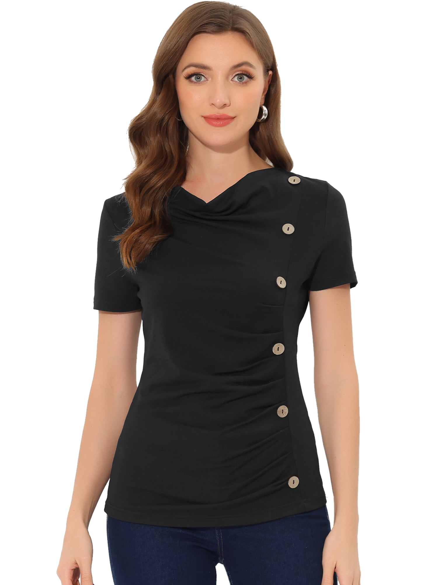 DARING DIVA Women's Cowl Neck Ruched Short Sleeve Tops with Button Decor S Black