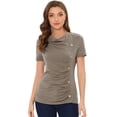 thumbnail image 1 of DARING DIVA Women's Cowl Neck Ruched Short Sleeve Tops with Button Decor XS Brown, 1 of 6