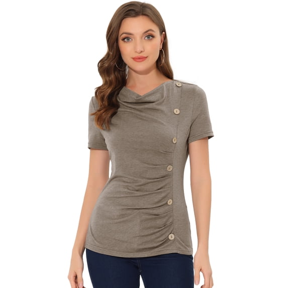 DARING DIVA Women's Cowl Neck Ruched Short Sleeve Tops with Button Decor XS Brown