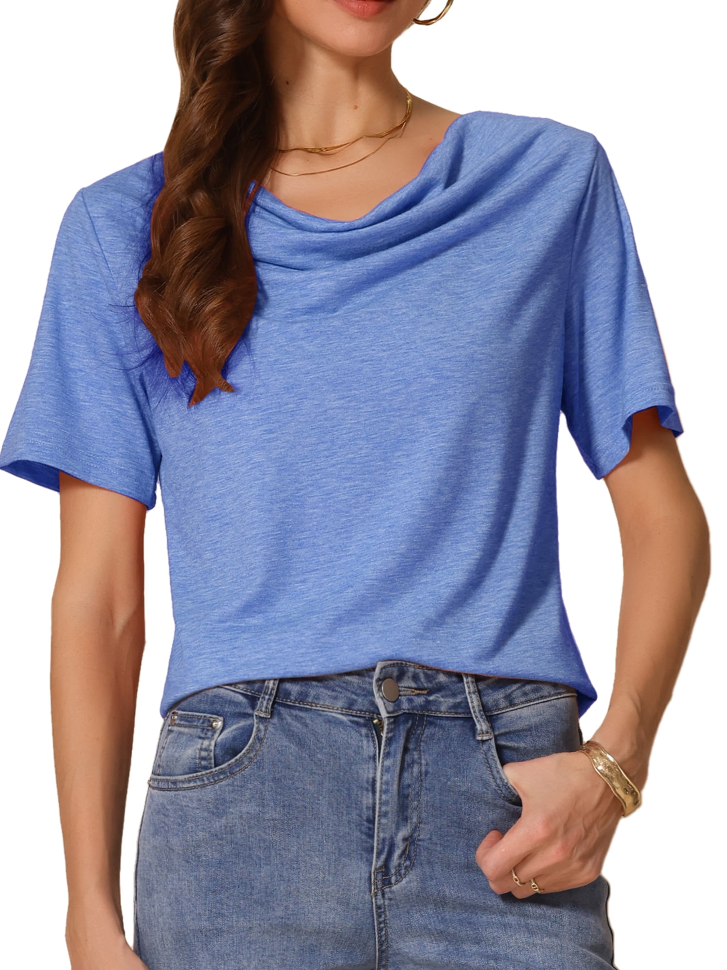 DARING DIVA Women's Cowl Neck Short Sleeve Casual Stretchy Blouse L Blue