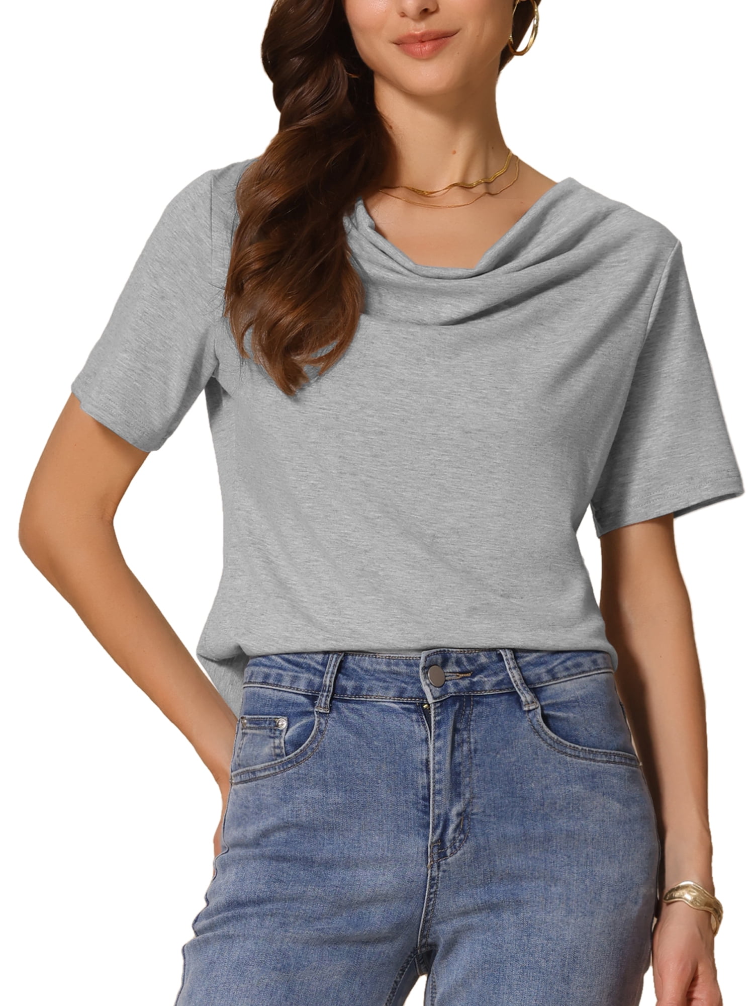 DARING DIVA Women's Cowl Neck Short Sleeve Casual Stretchy Blouse L Grey