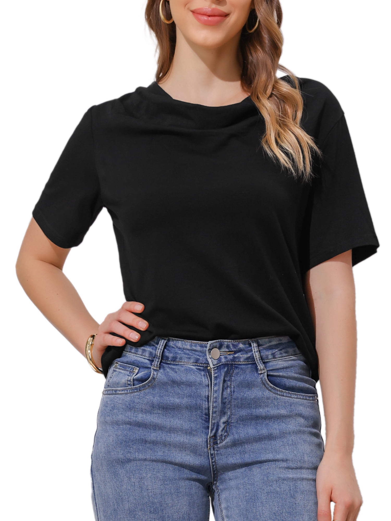 DARING DIVA Women's Cowl Neck Short Sleeve Casual Stretchy Blouse XL Black
