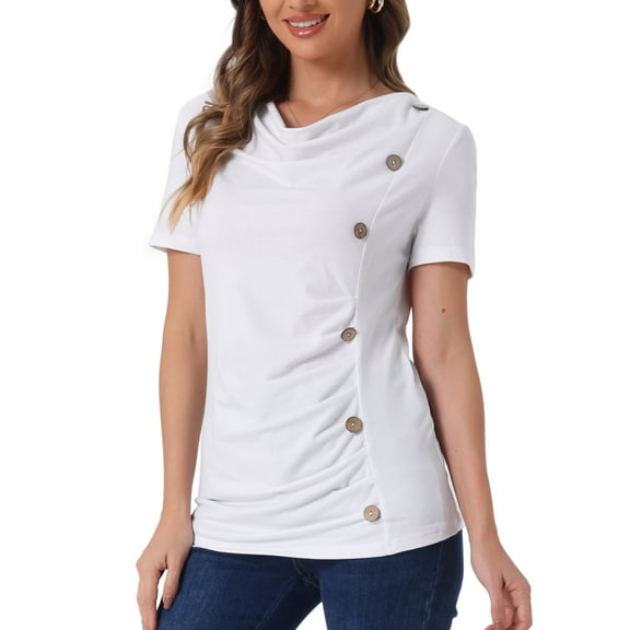 DARING DIVA Women's Cowl Neck Short Sleeve Ruched Blouses L White