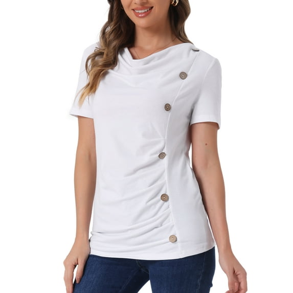 DARING DIVA Women's Cowl Neck Short Sleeve Ruched Blouses L White