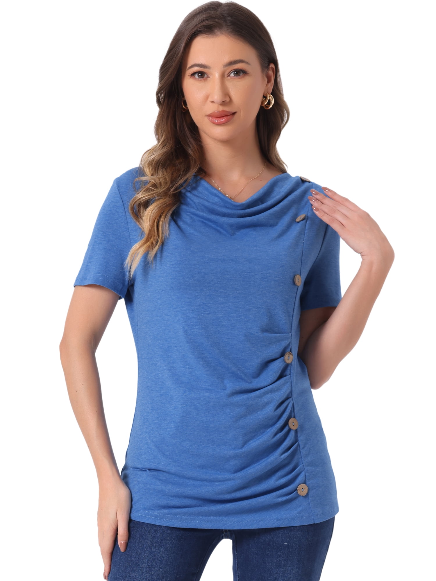 DARING DIVA Women's Cowl Neck Ruched Short Sleeve Tops with Button Decor M Blue