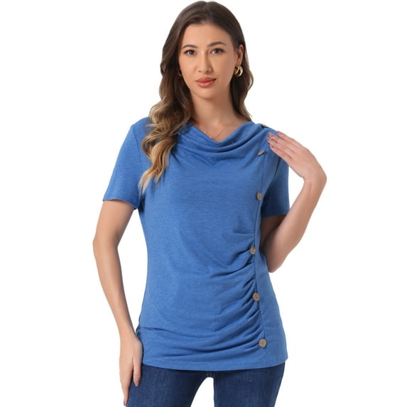 DARING DIVA Women's Cowl Neck Short Sleeve Ruched Blouses S Blue
