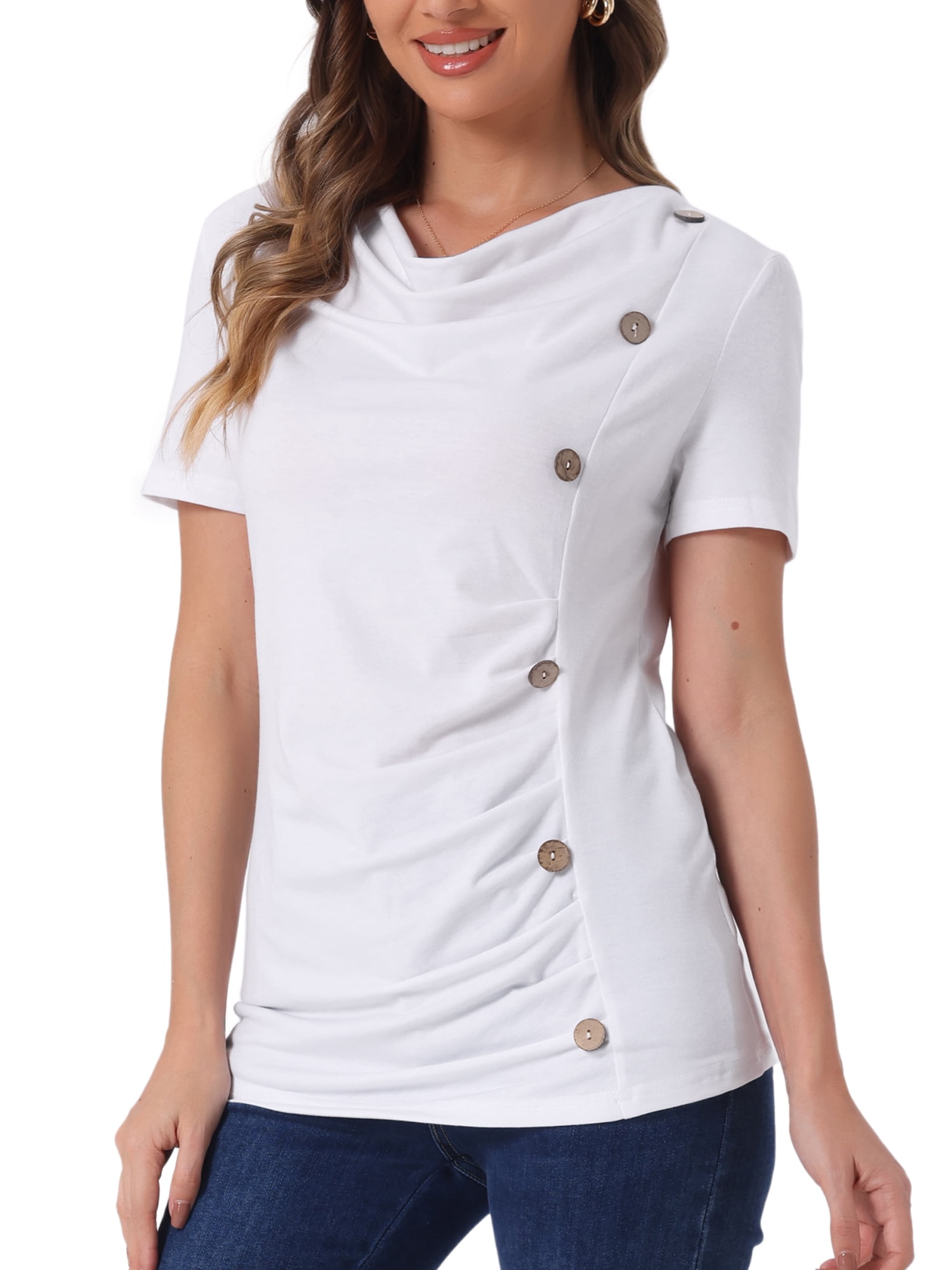 DARING DIVA Women's Cowl Neck Ruched Short Sleeve Tops with Button Decor XL White